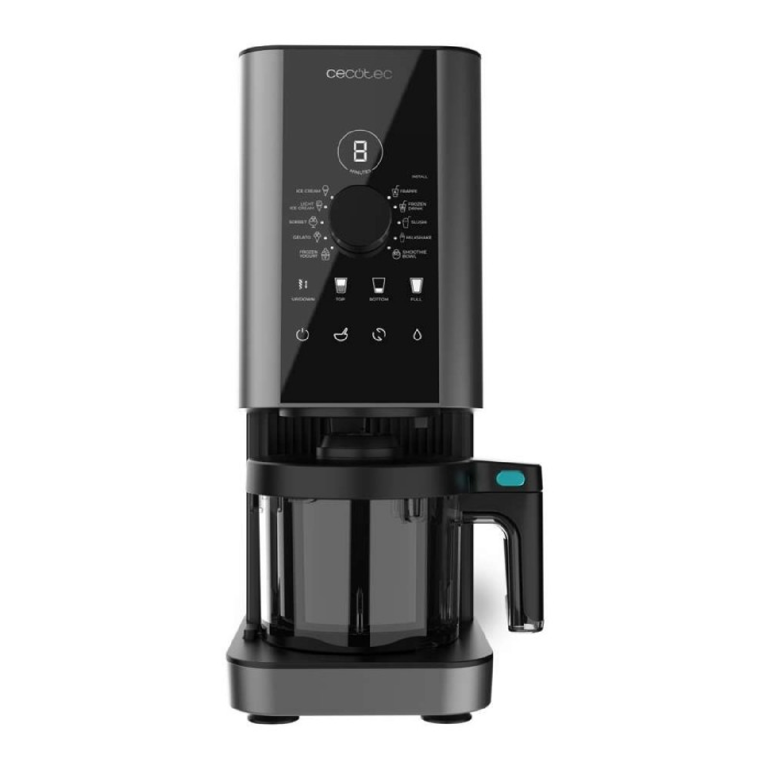 Una moderna gelatiera Cecotec nera con display digitale e contenitore trasparente.