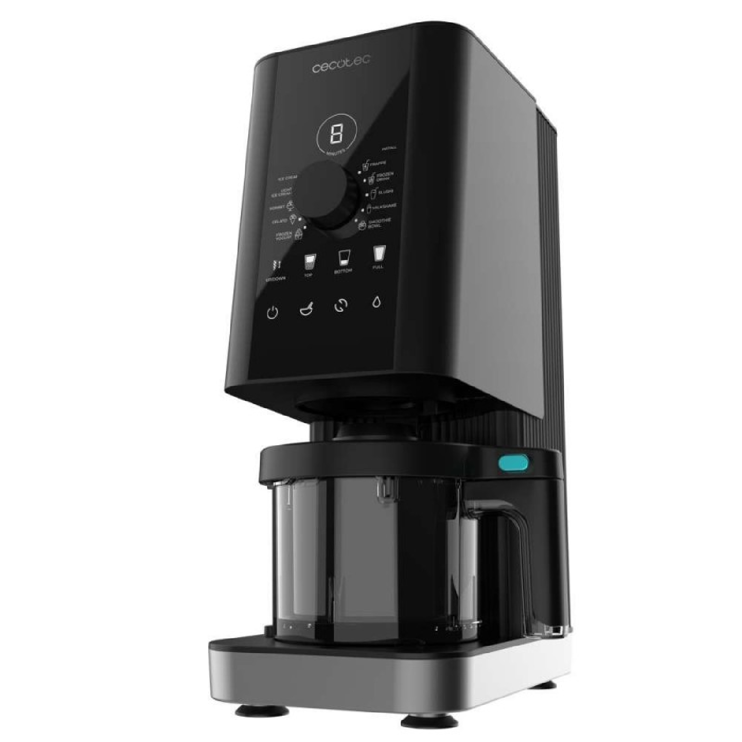 Frullatore Cecotec nero con display digitale '8' e caraffa trasparente.