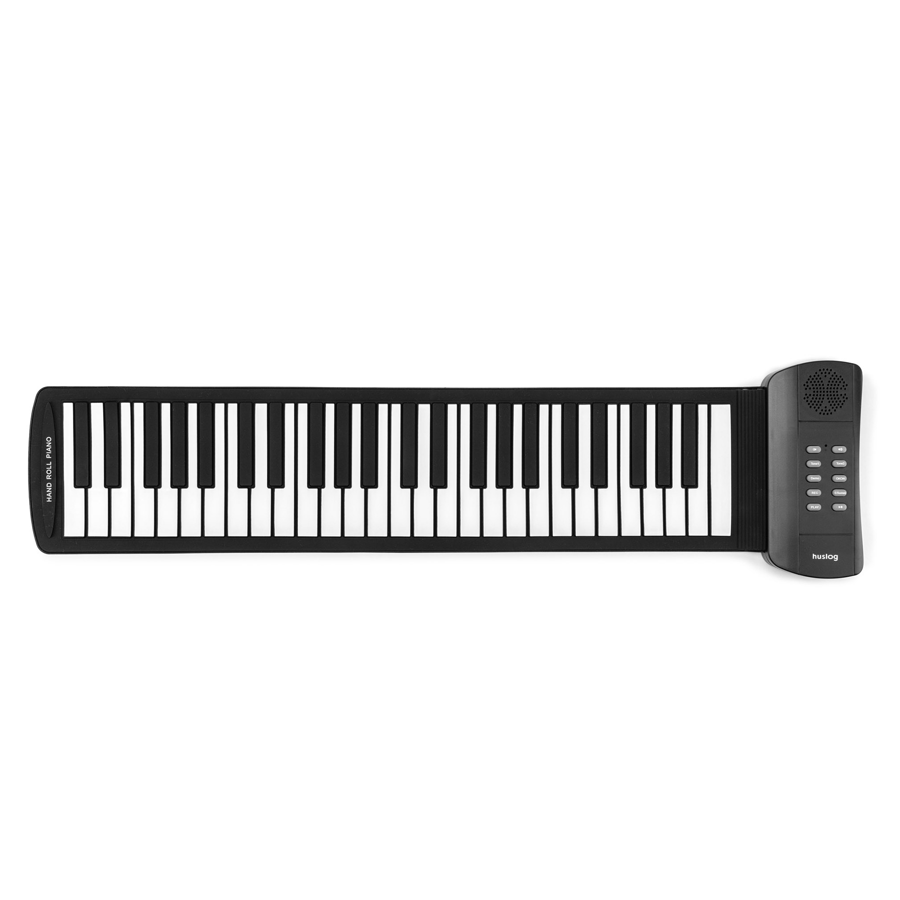 Czarna, rozwinięta pianino z białymi i czarnymi klawiszami i panelem sterowania.