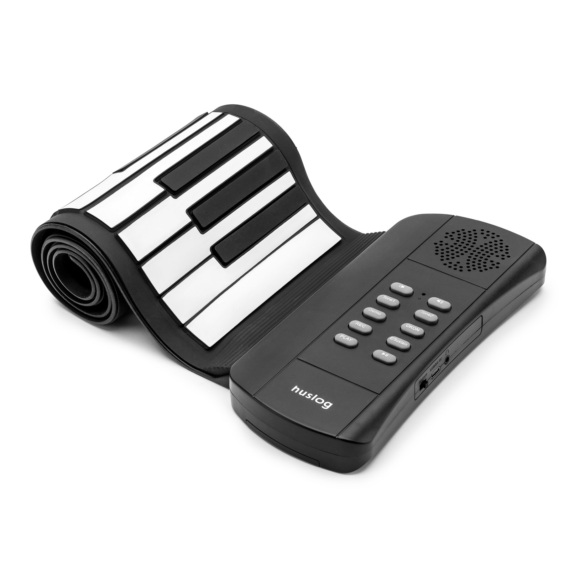 Czarna, zwijana klawiatura z klawiszami i panelem sterowania.