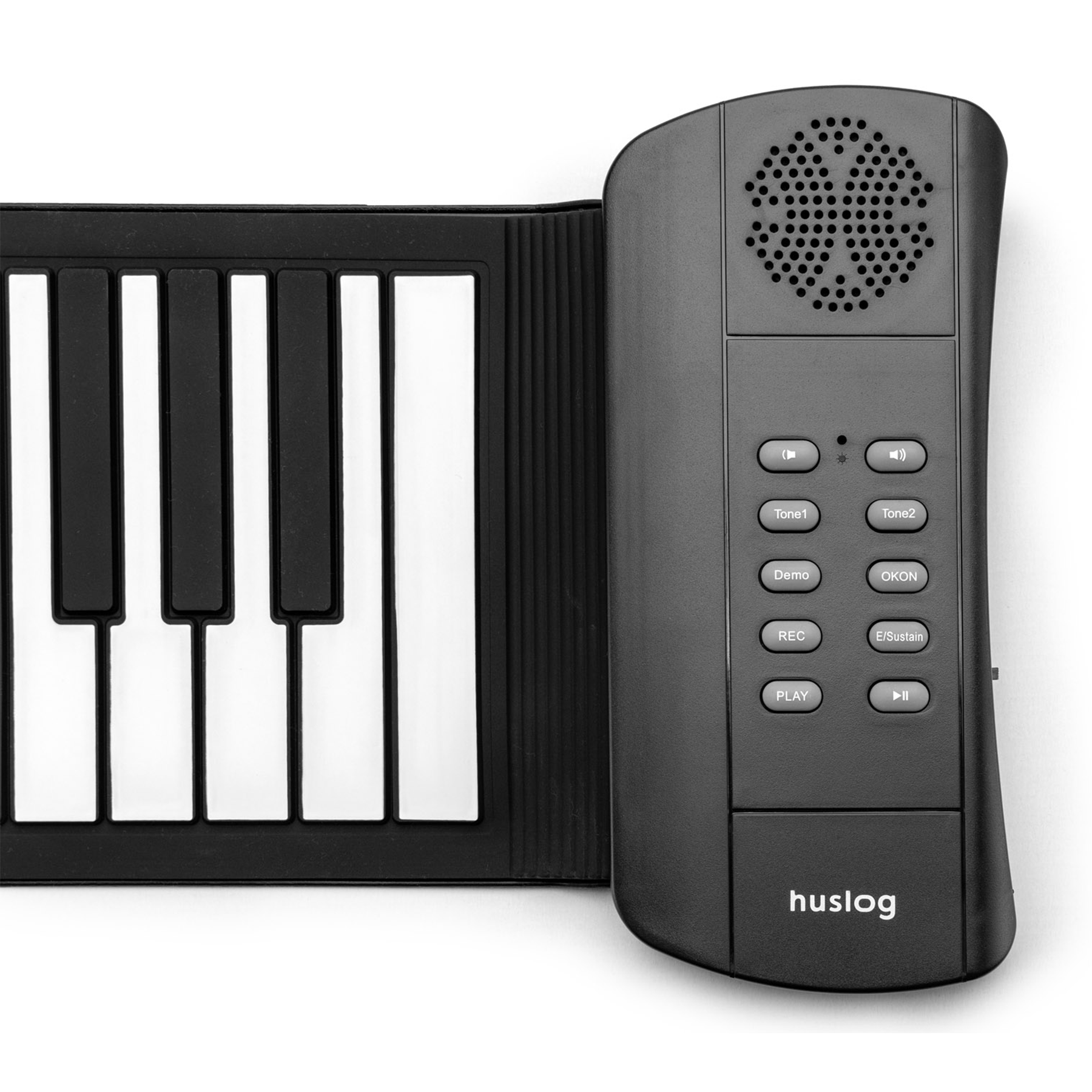 Czarna klawiatura z białymi klawiszami i panelem sterowania z głośnikiem i przyciskami.