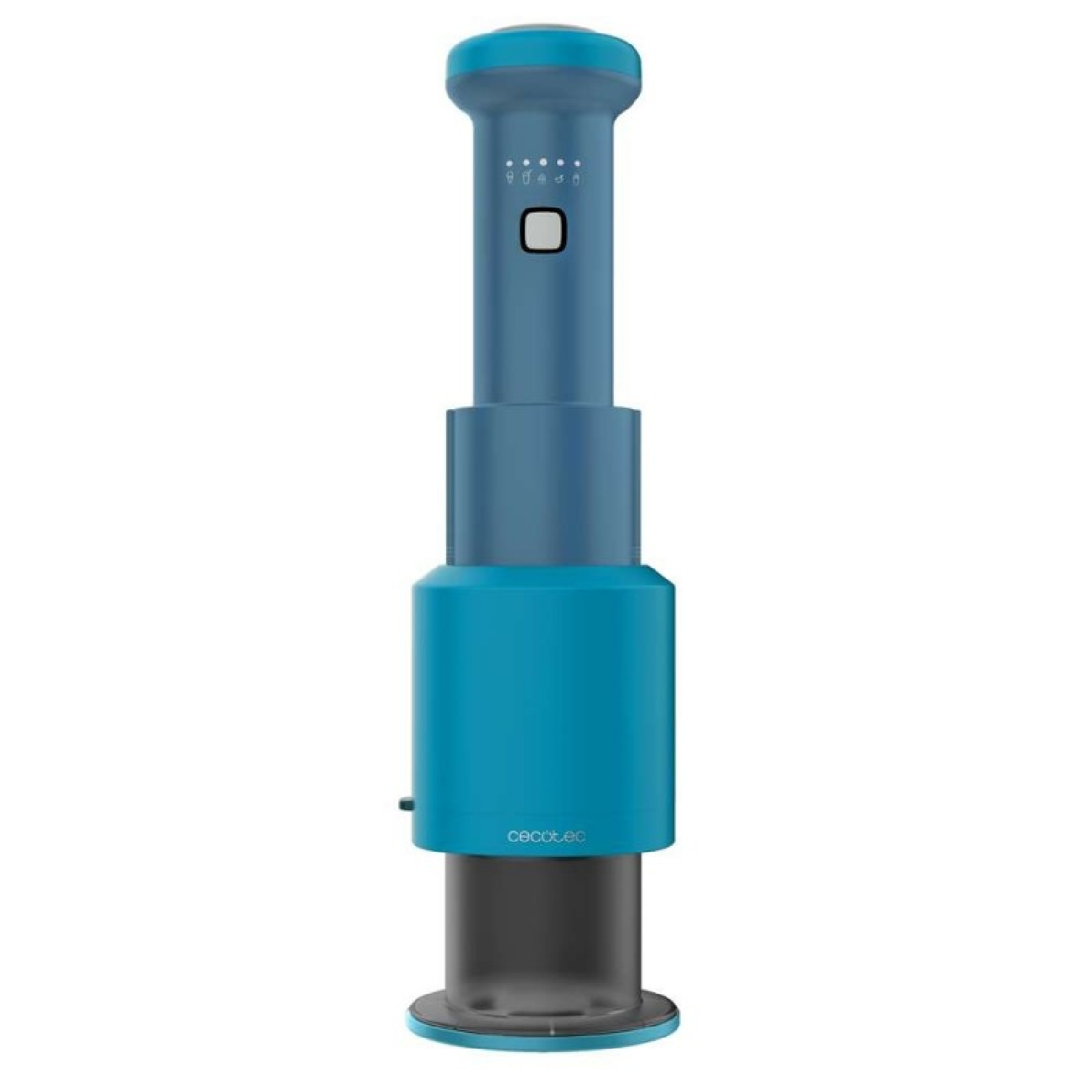 Un picador eléctrico azul con recipiente transparente y botones de control arriba.