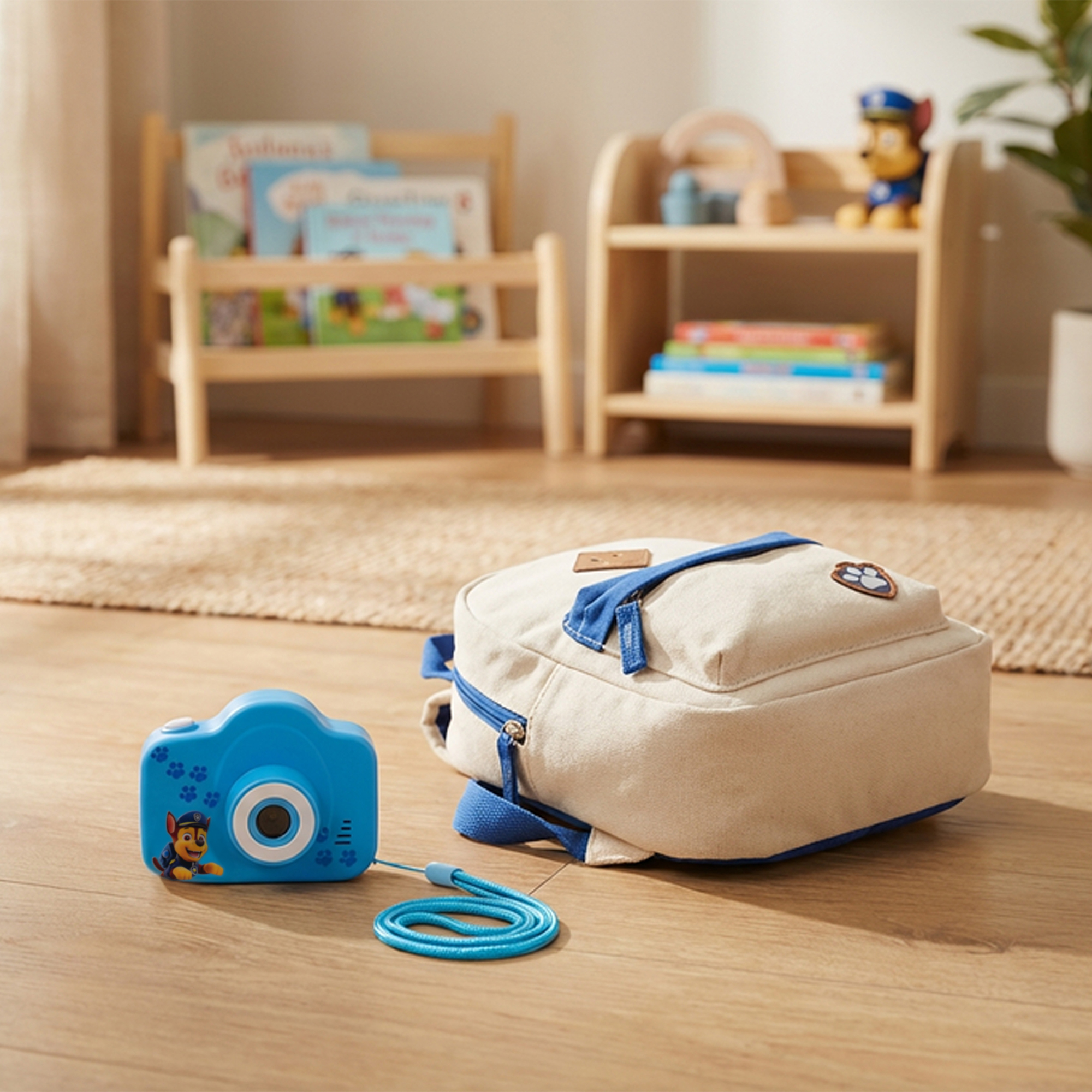 Niebieski aparat Paw Patrol i beżowy plecak na drewnianej podłodze.