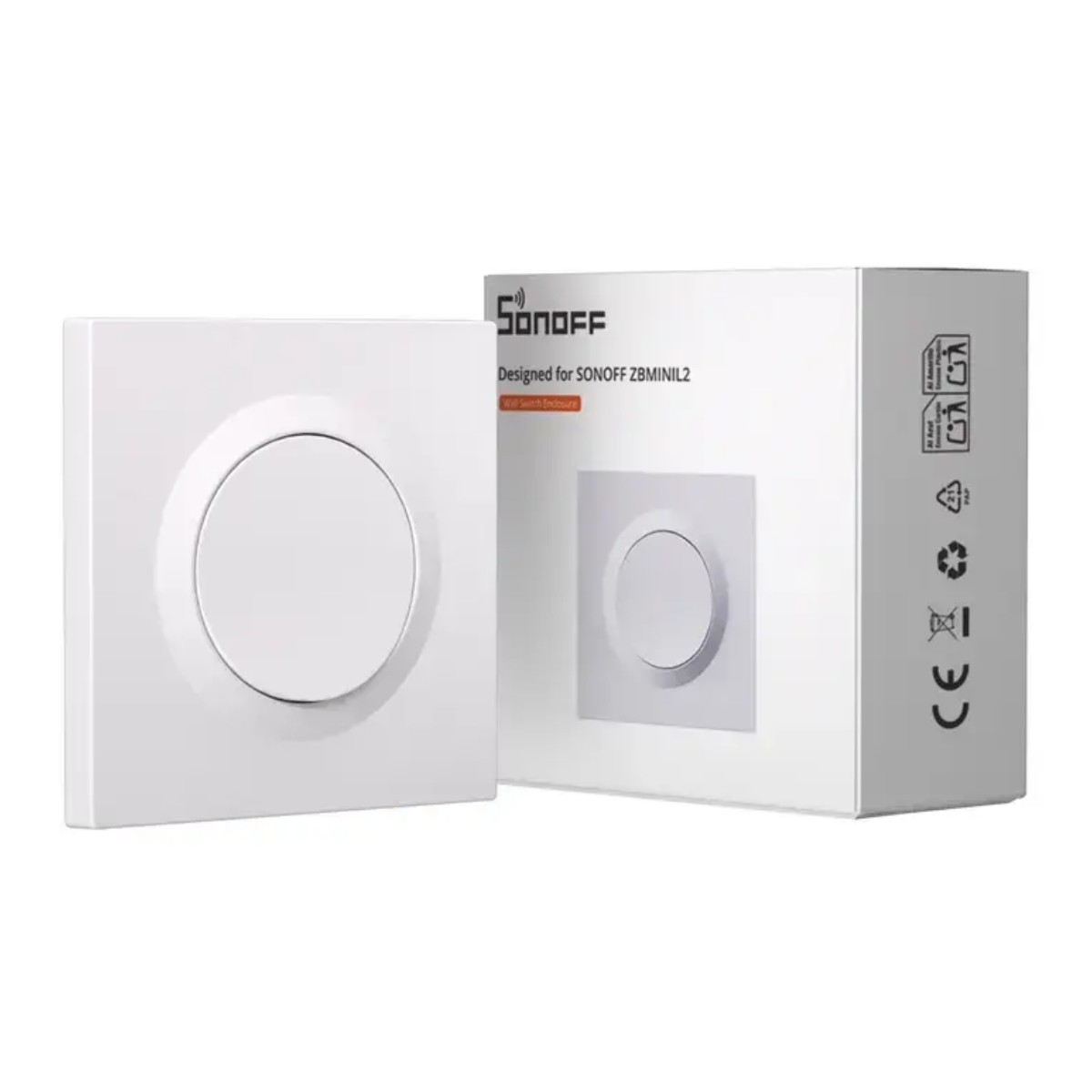 Biały włącznik ścienny i jego opakowanie. Włącznik ma okrągły przycisk.