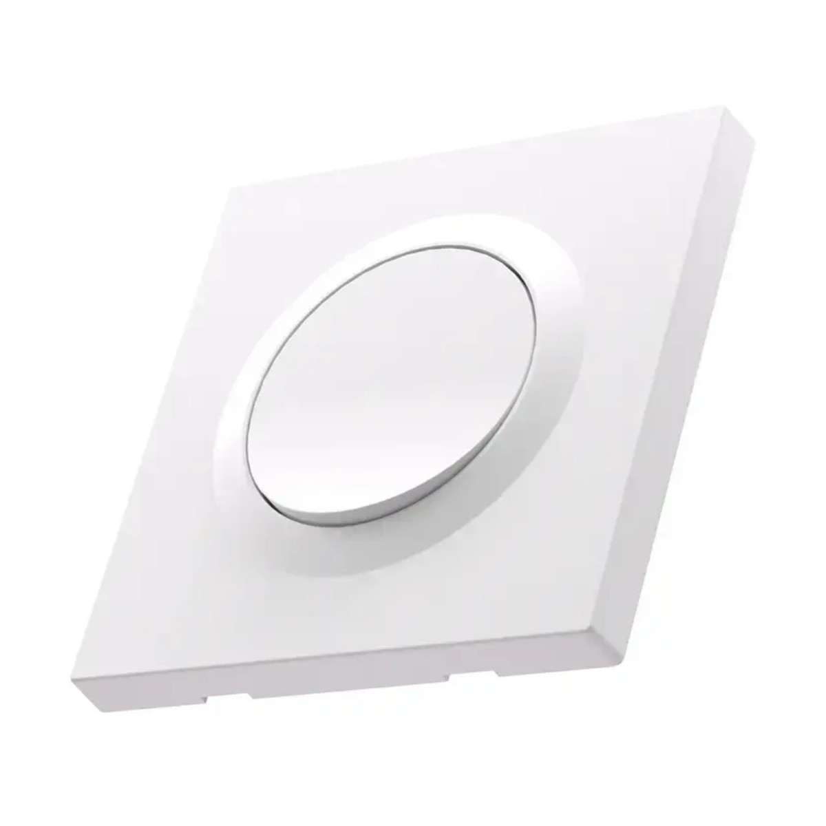 Biały włącznik ścienny z okrągłym przyciskiem pośrodku.