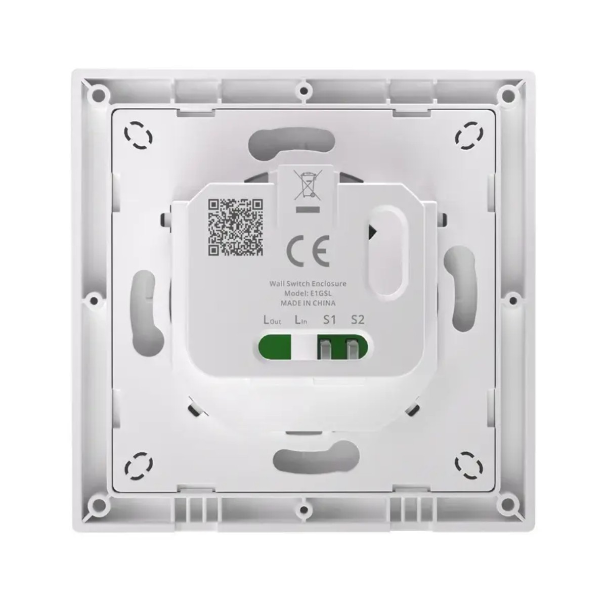 Tył białego włącznika ściennego ze znakiem CE i kodem QR.