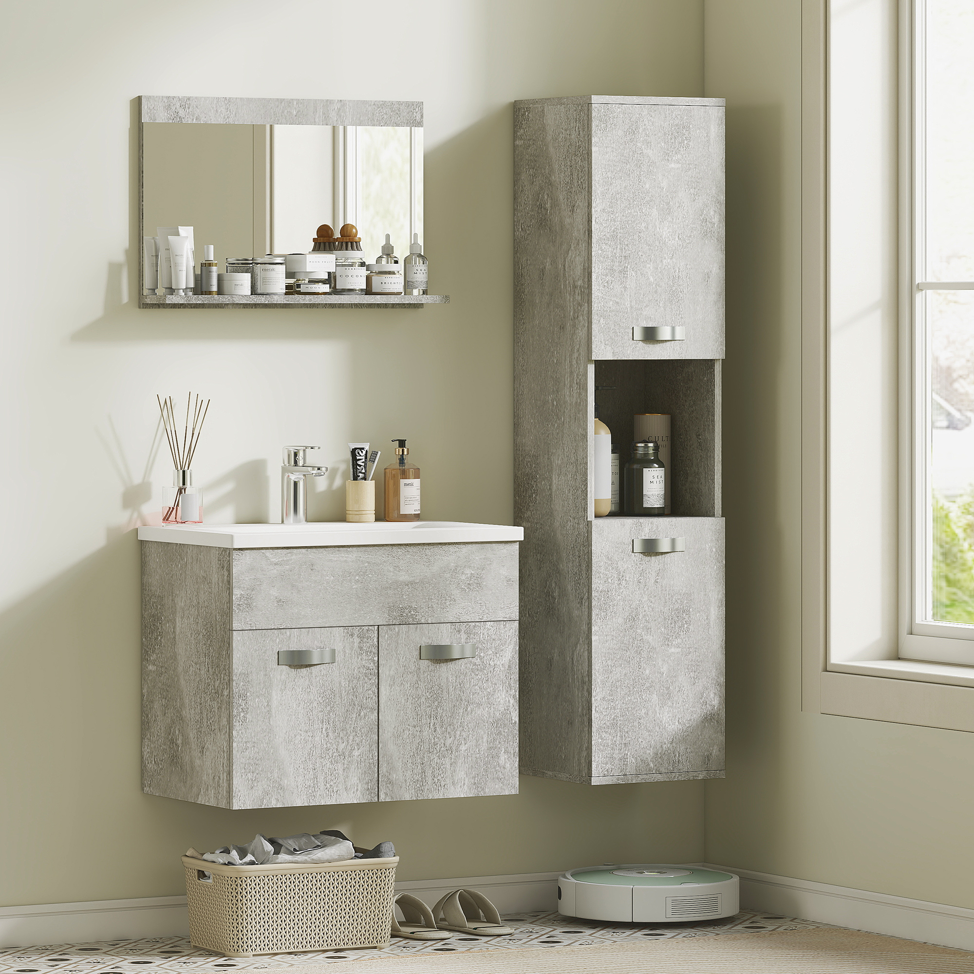 Muebles de baño efecto hormigón con espejo, lavabo, armario y robot aspirador.