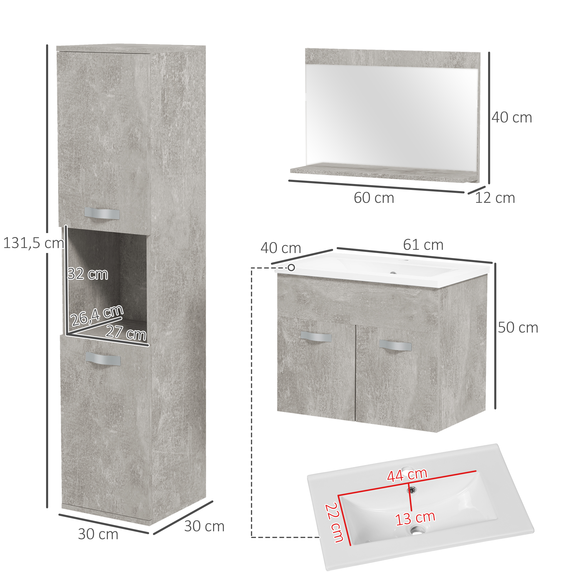 Muebles de baño con medidas: mueble alto, mueble de lavabo, espejo y lavabo.