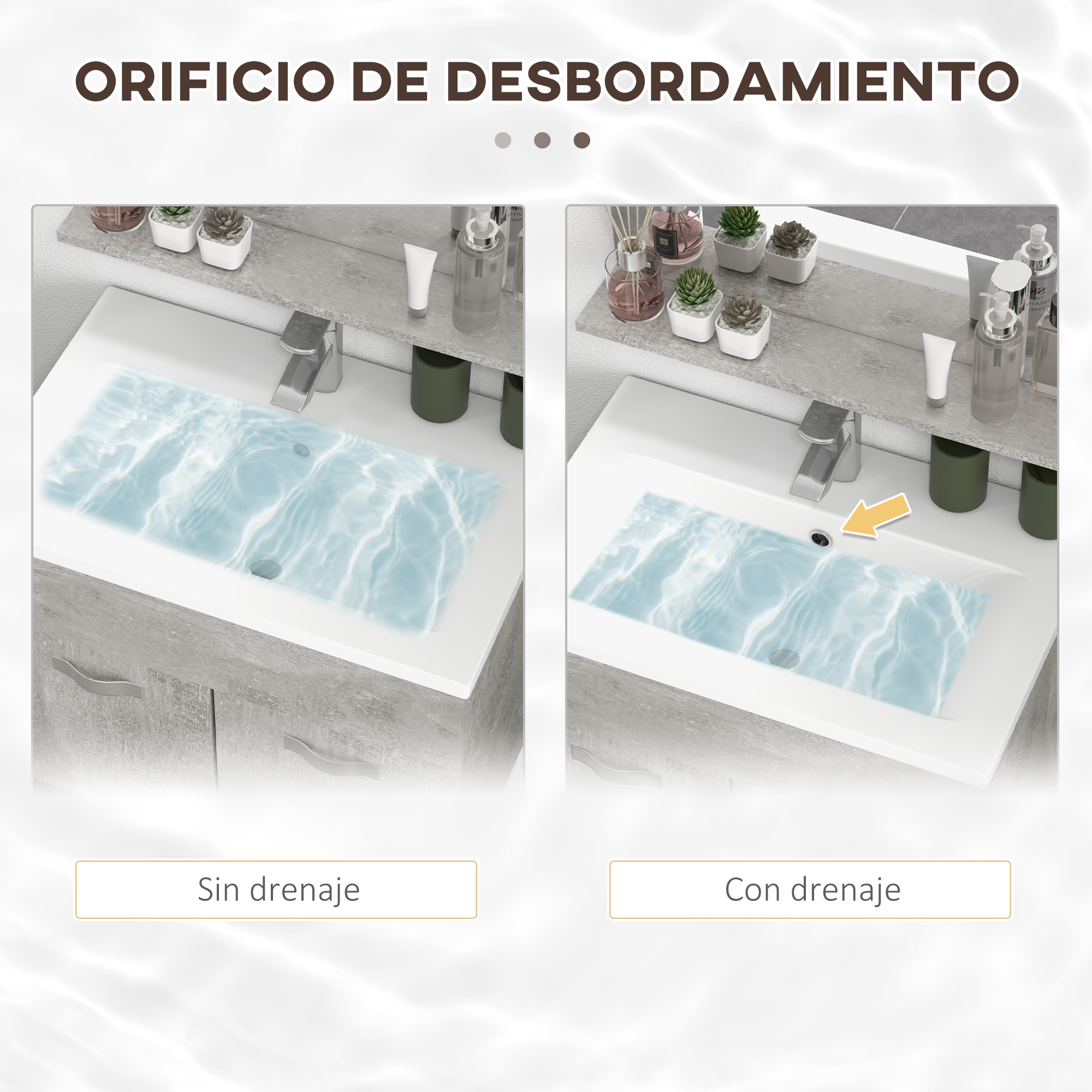 Dos lavabos uno al lado del otro, uno sin y otro con desagüe, llenos de agua.