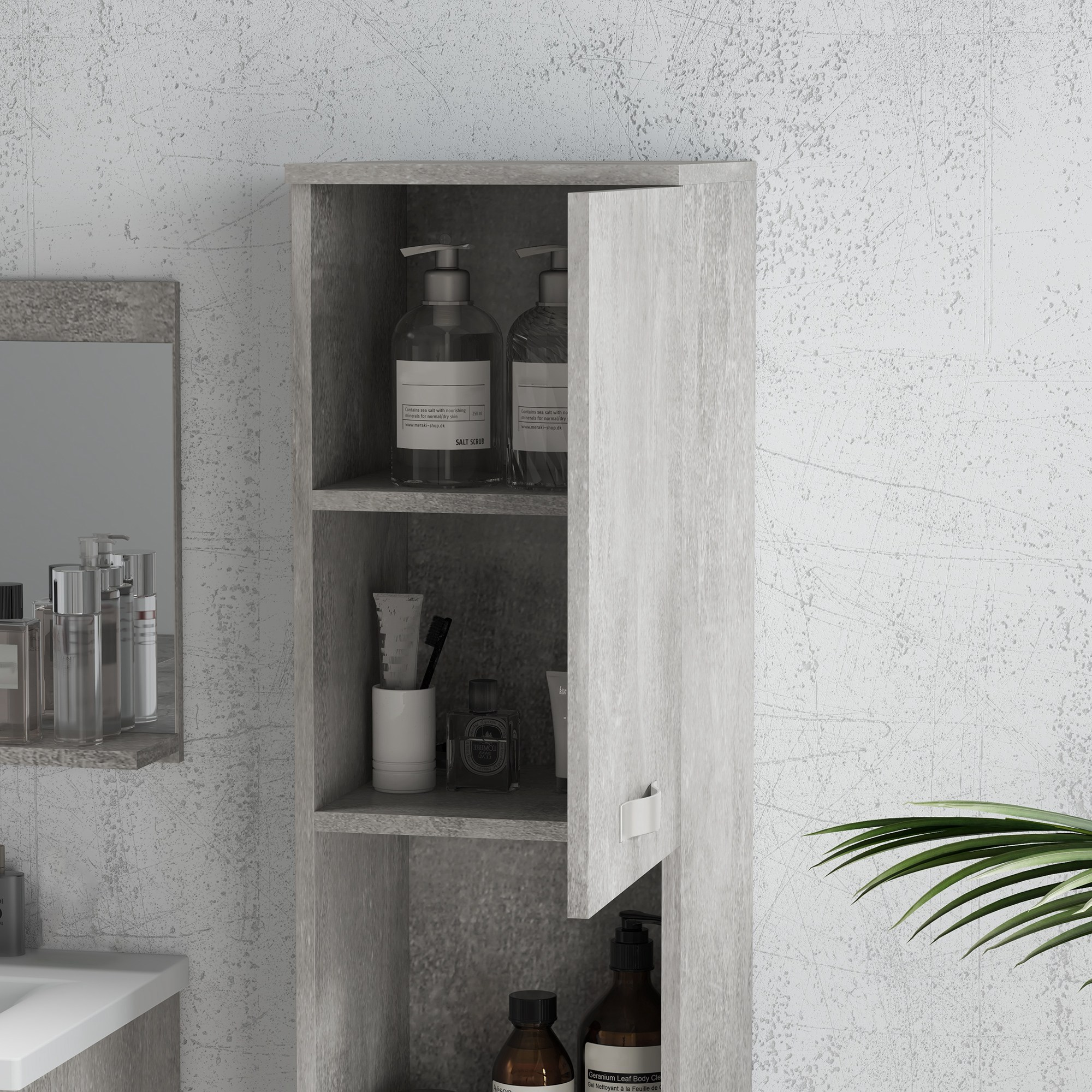 Armario de baño con jabones, cepillo de dientes, perfume y planta.