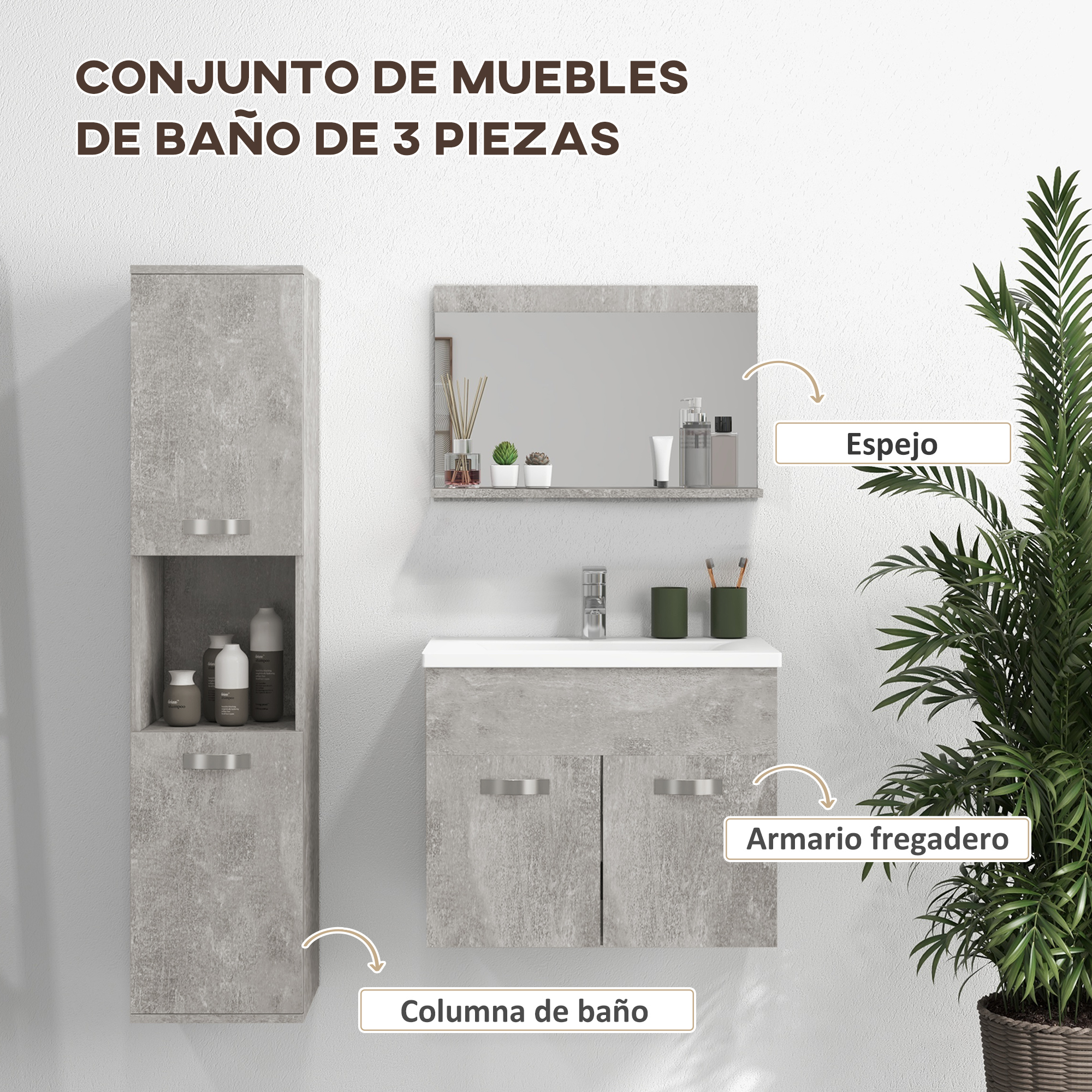 Conjunto de muebles de baño en aspecto de hormigón con columna, mueble de lavabo y espejo.