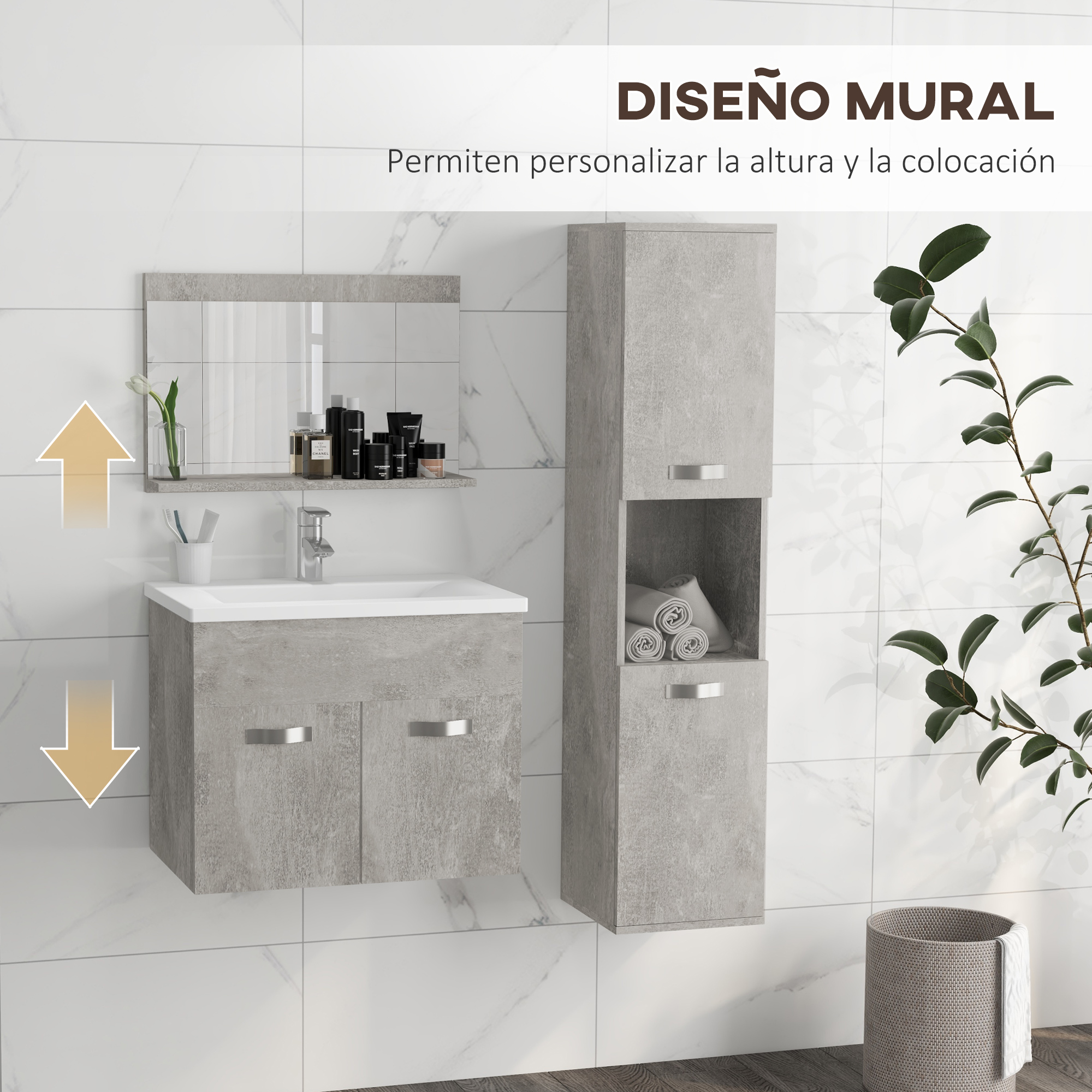 Un mueble de baño con lavabo, espejo y un armario alto.