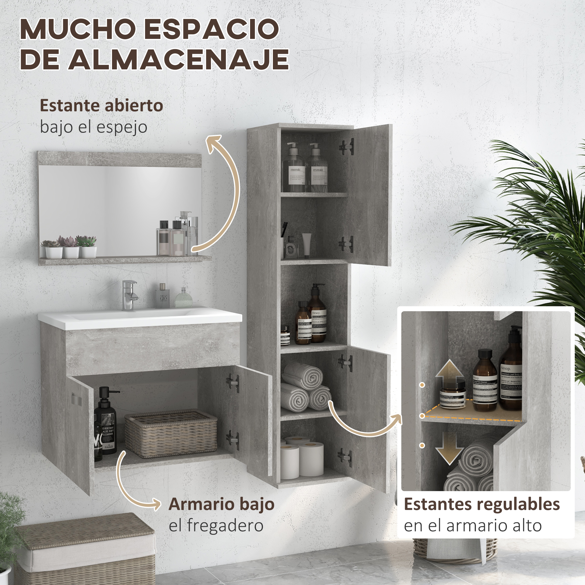 Muebles de baño con espejo, lavabo y dos armarios.