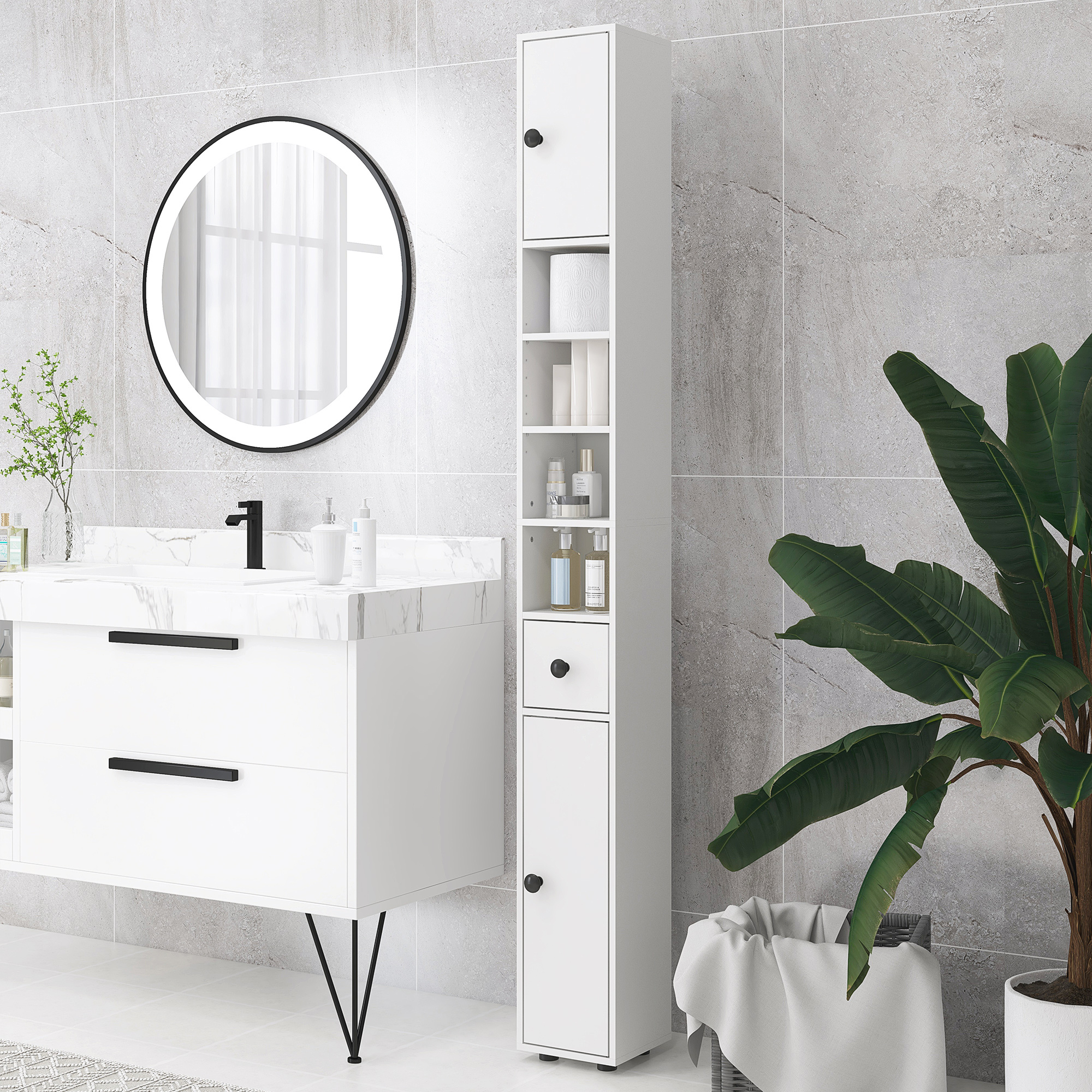Baño moderno con tocador blanco, espejo, mueble estrecho y planta.