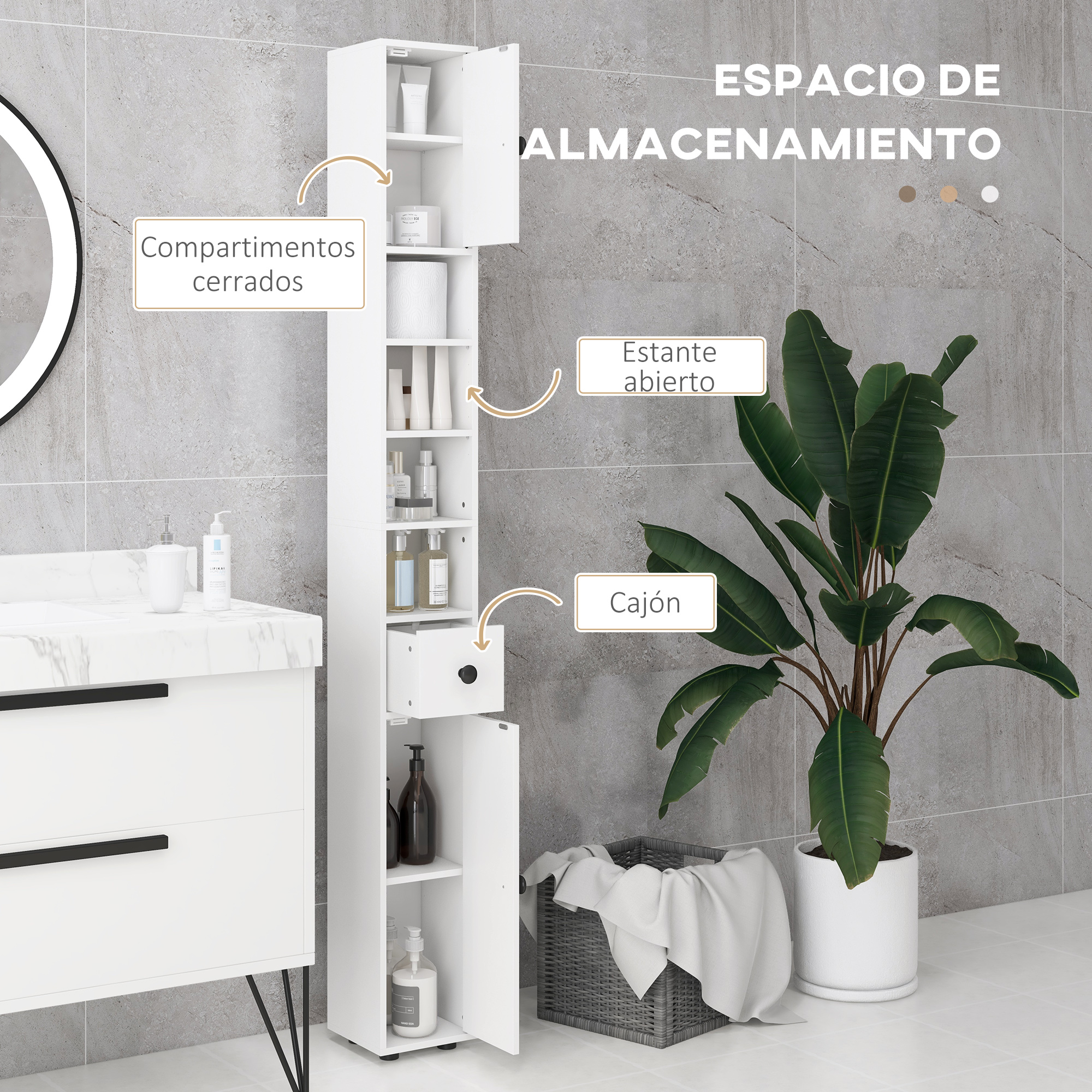 Un armario alto y blanco para bao con compartimentos abiertos y cerrados.