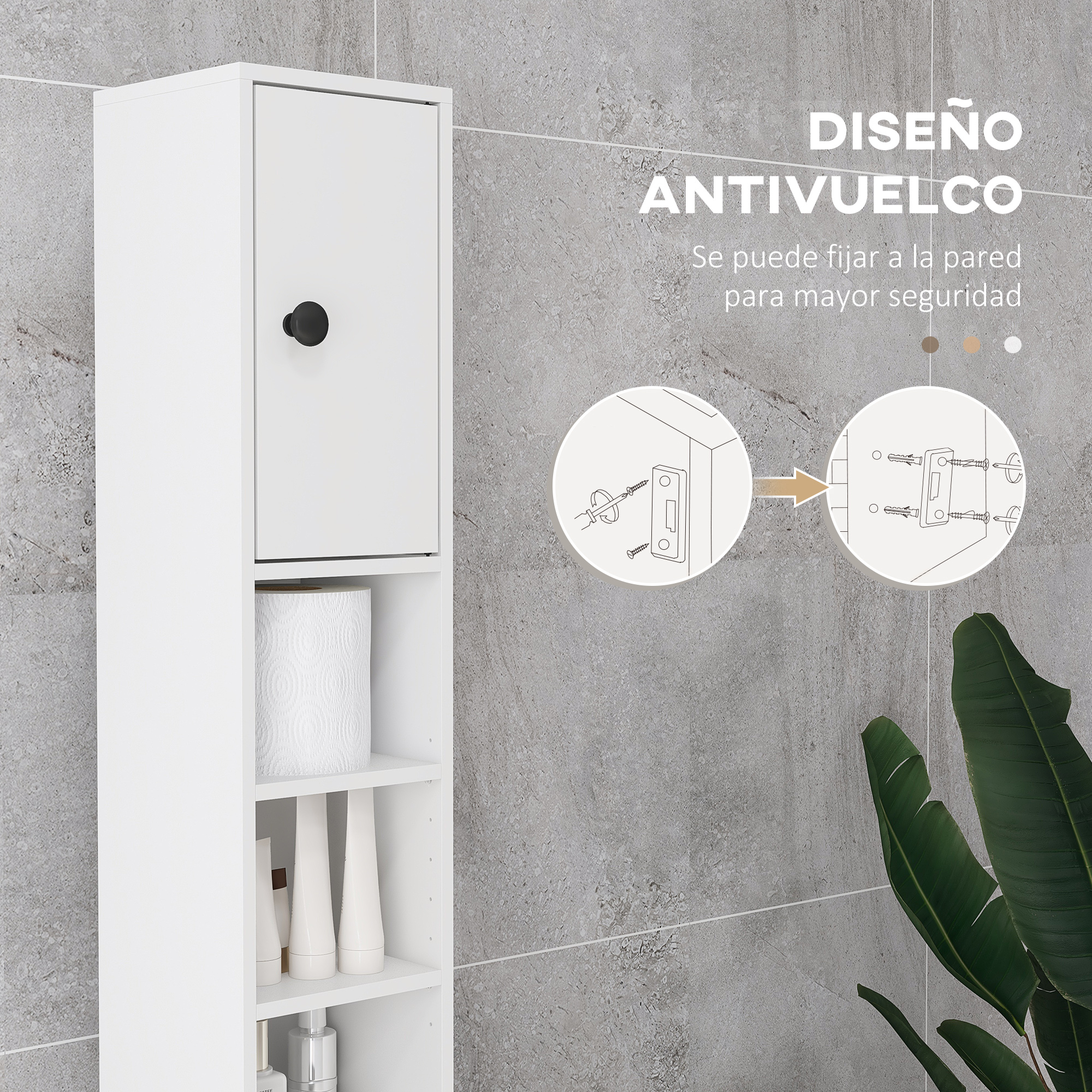 Un armario blanco con un compartimento y una puerta, al lado de estantes con papel higiénico y botellas.