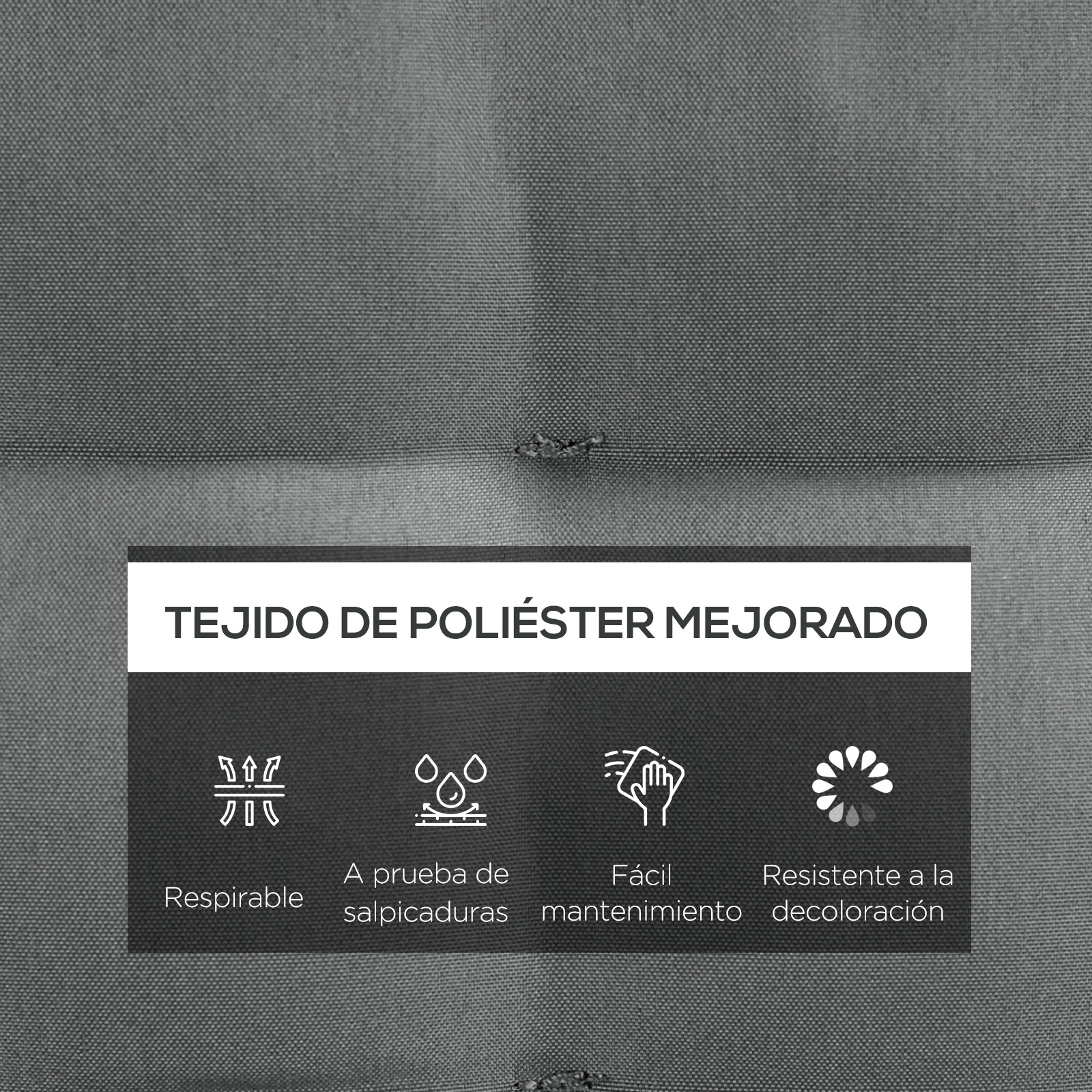 Tejido de poliéster gris con iconos de transpirabilidad, a prueba de salpicaduras, fácil cuidado.