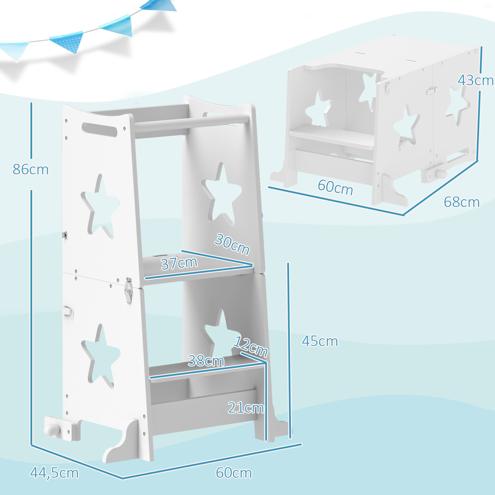 Taburetes blancos con recortes de estrellas y dimensiones.