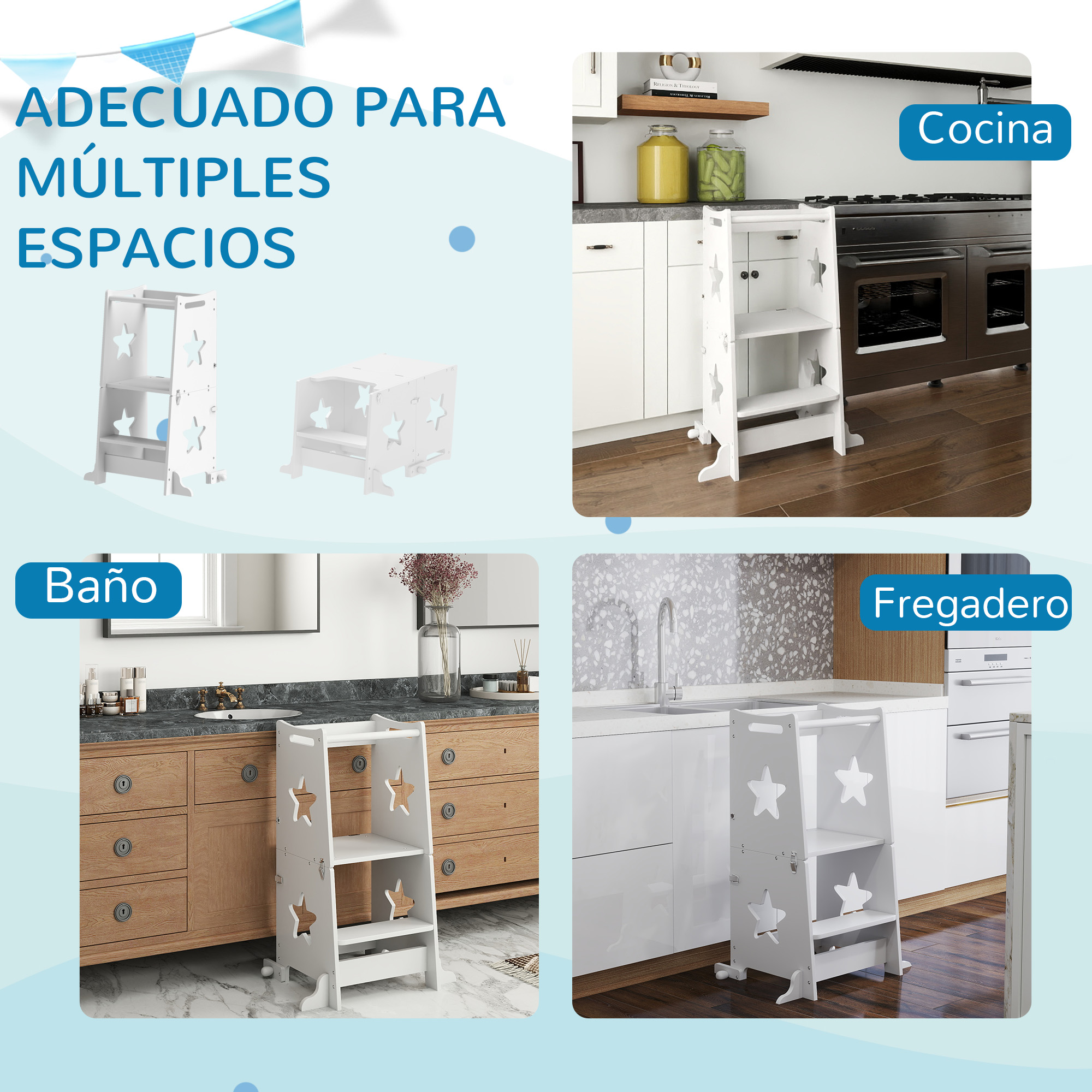 Una torre de aprendizaje blanca con recortes de estrellas en cocina y baño.