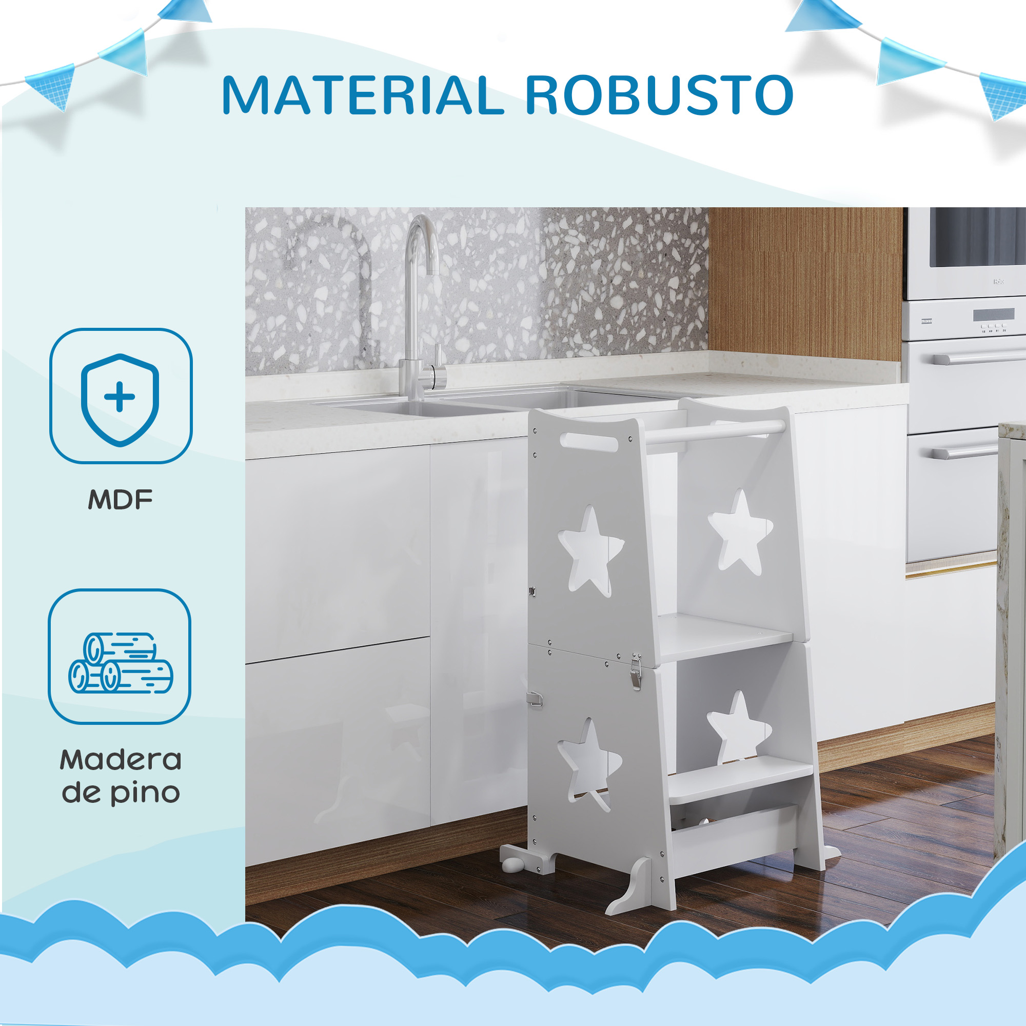 Un taburete blanco con recortes de estrellas está en una cocina moderna junto a un fregadero.