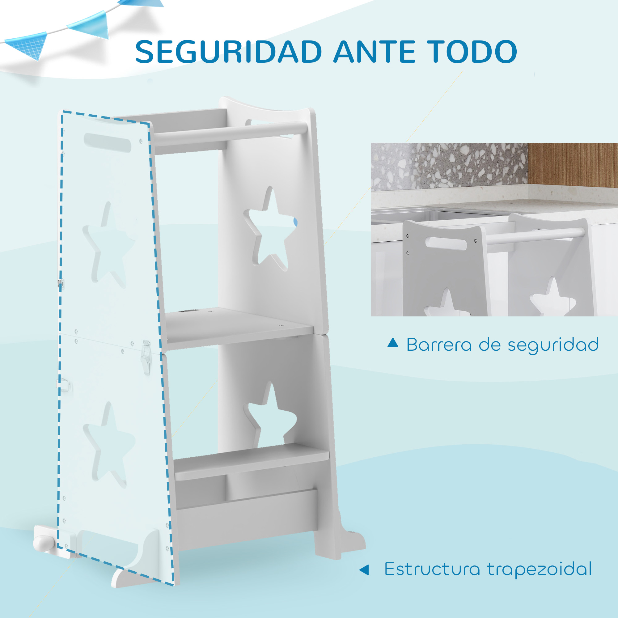 Un taburete blanco con estrellas recortadas. Con seguridad y estructura trapezoidal.
