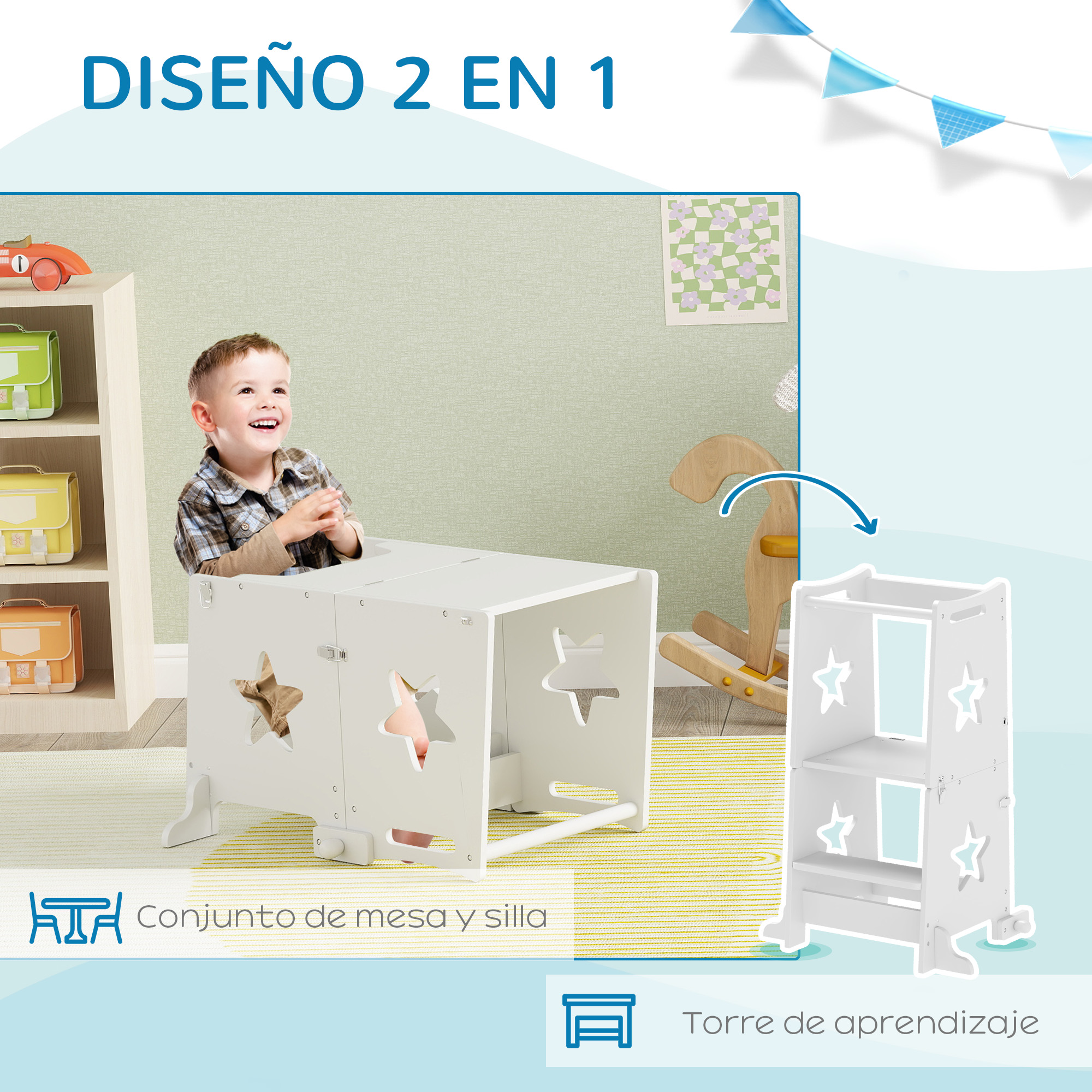 Un niño pequeño se sienta en un juego de mesa y silla blanco con recortes de estrellas.