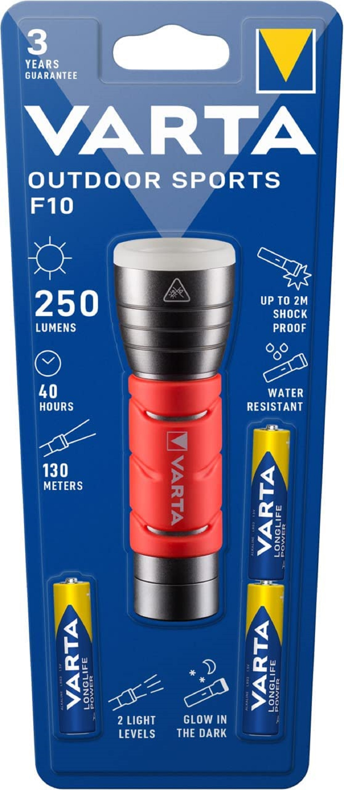 Torcia Varta Outdoor Sports F10 con 2 batterie. 250 lumen, 40h, 130m di portata.