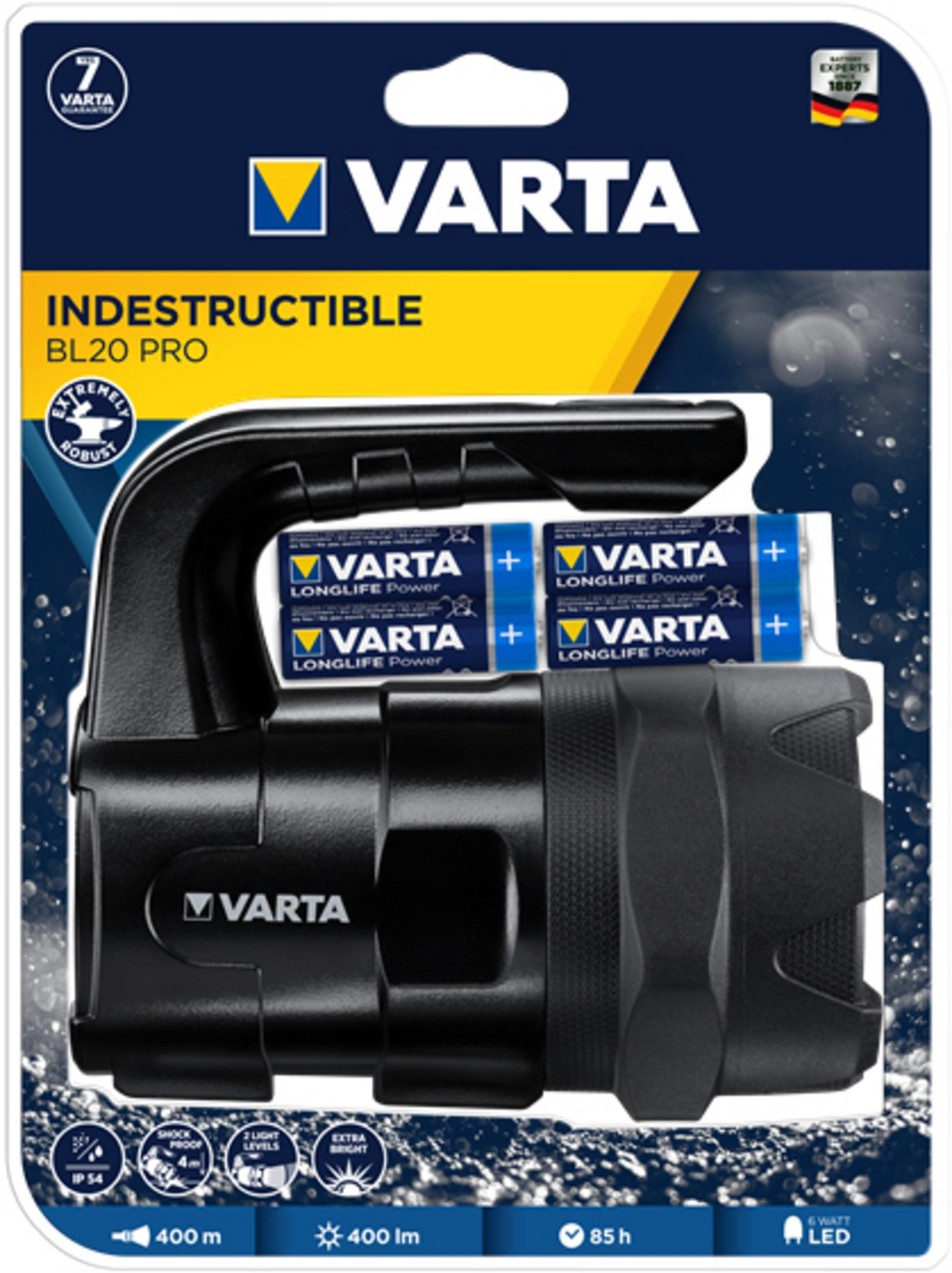 Lampe torche Varta BL20 Pro avec quatre piles, robuste, portée 400m, 400lm, 85h.