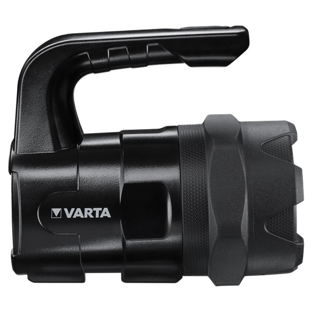 Lampe torche Varta noire avec poignée et extrémité texturée.