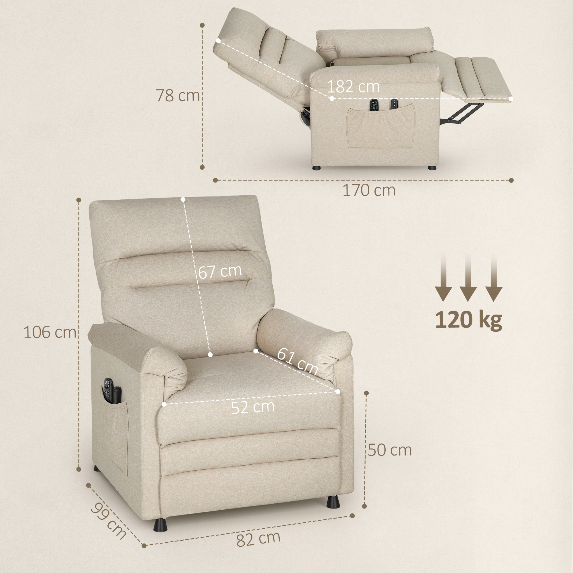 Un sillón reclinable beige con dimensiones y capacidad de 120 kg.
