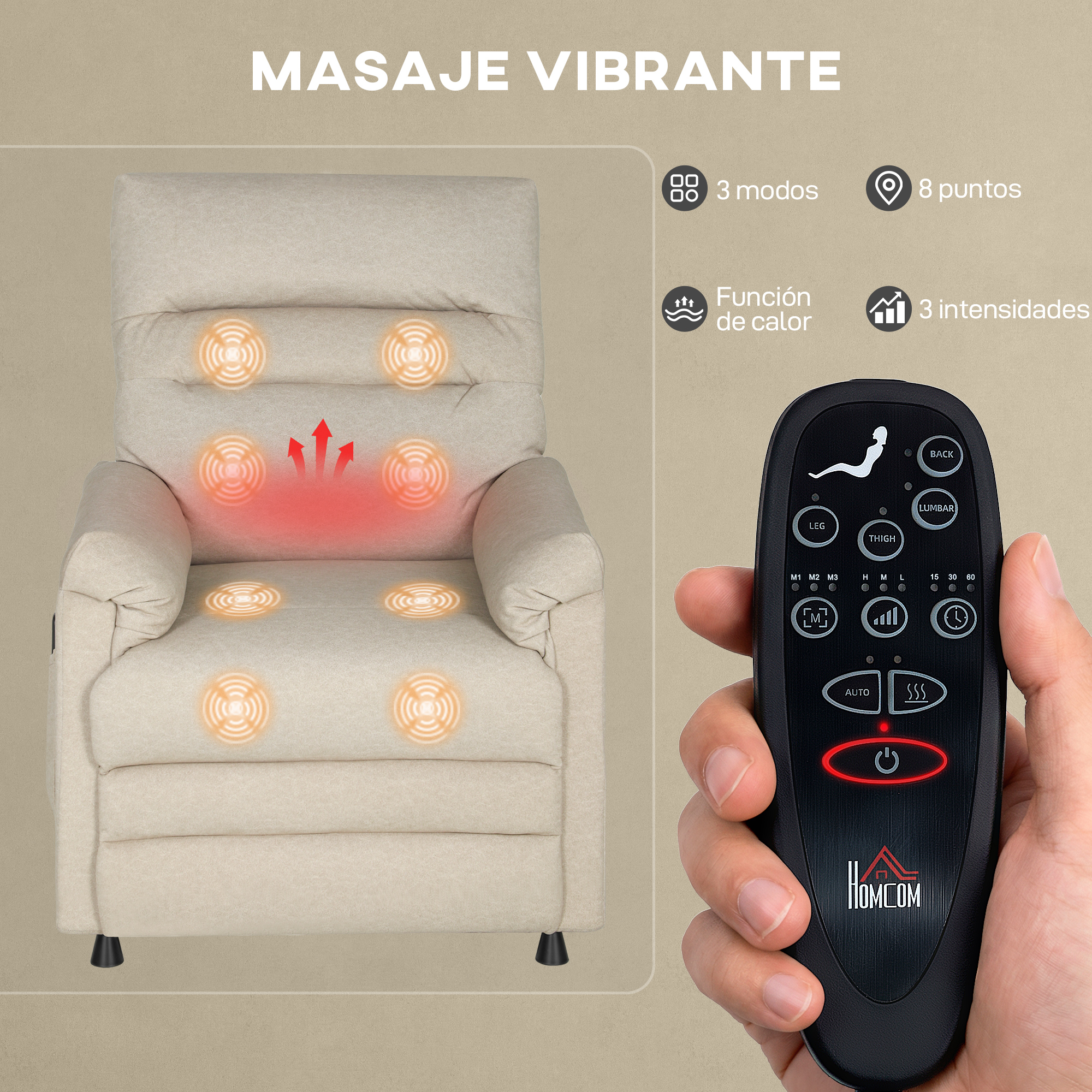 Un sillón reclinable beige con zonas de masaje y un mando a distancia en la mano.
