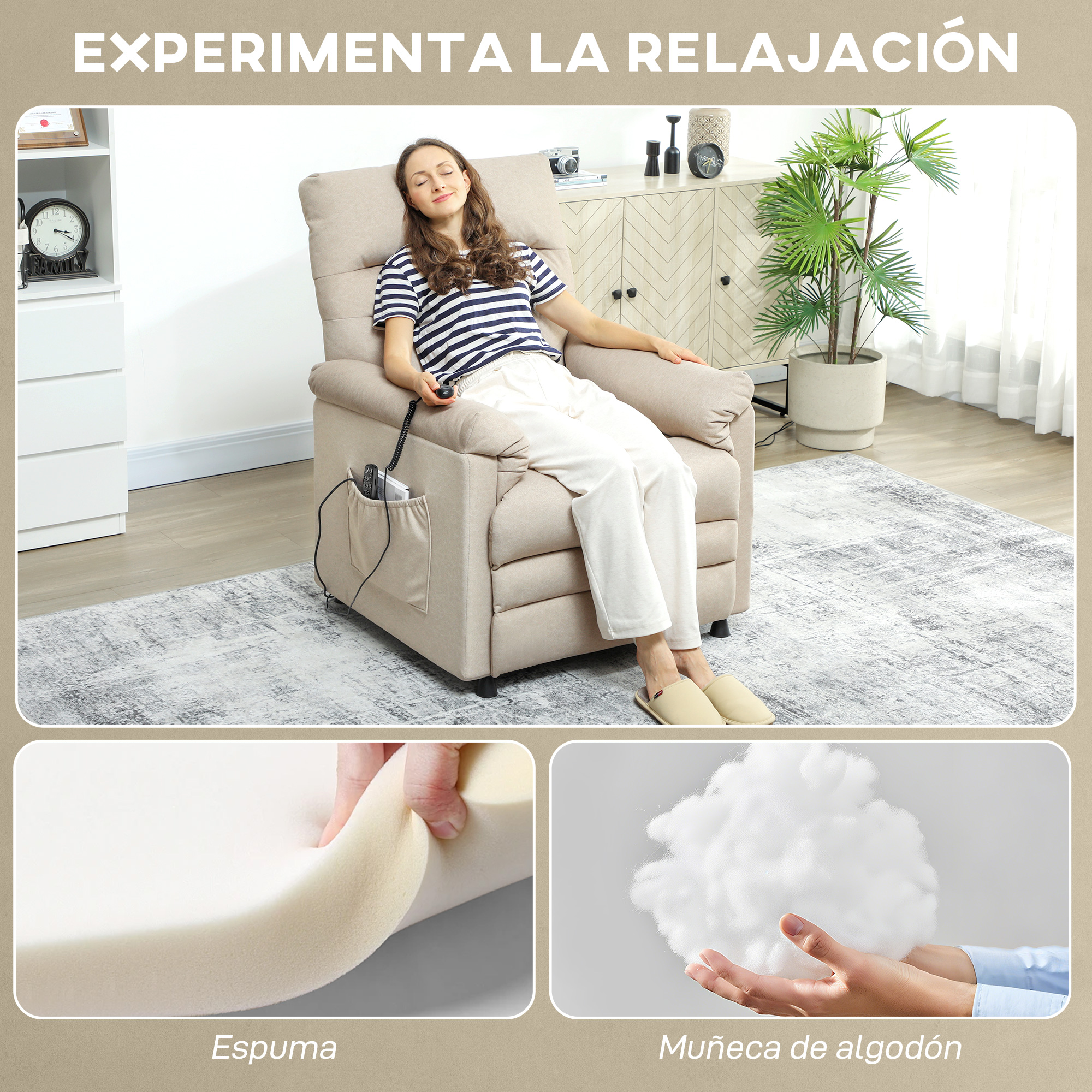 Mujer relajándose en sillón beige; se muestran espuma y algodón.