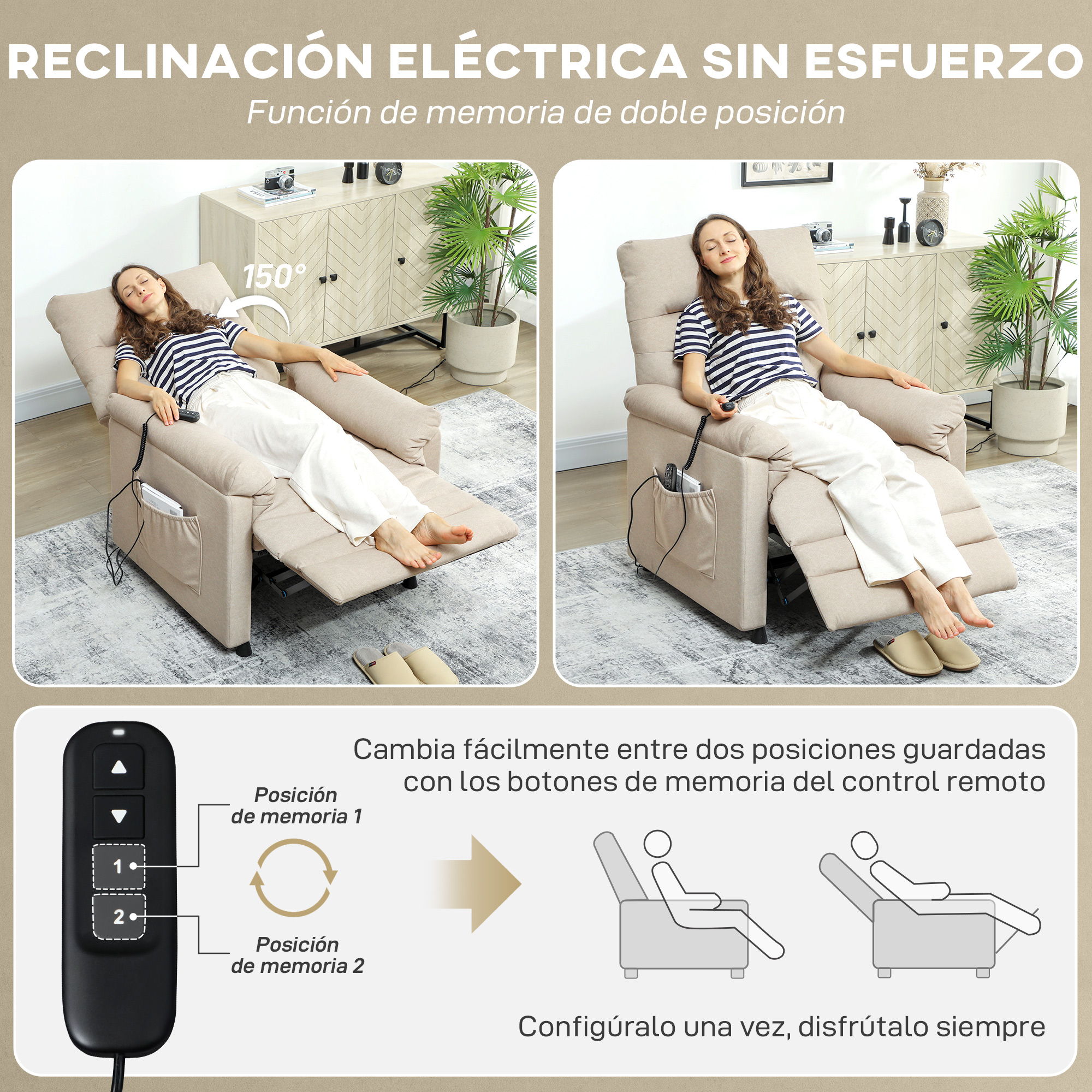 Un sillón reclinable eléctrico con función de memoria de doble posición.