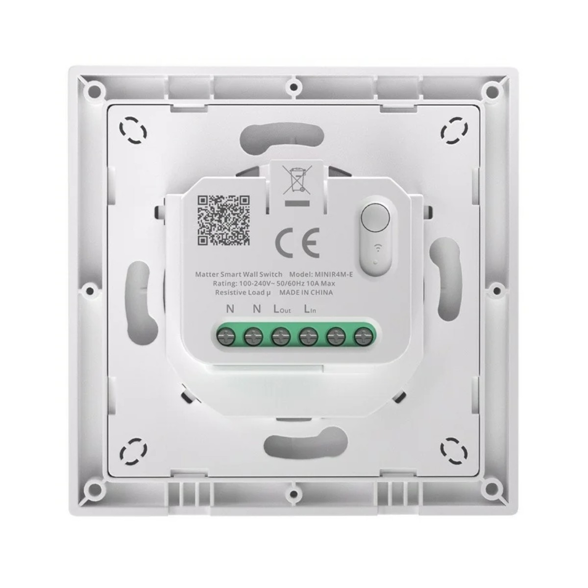 Tył białego inteligentnego przełącznika ściennego ze złączami i etykietami.