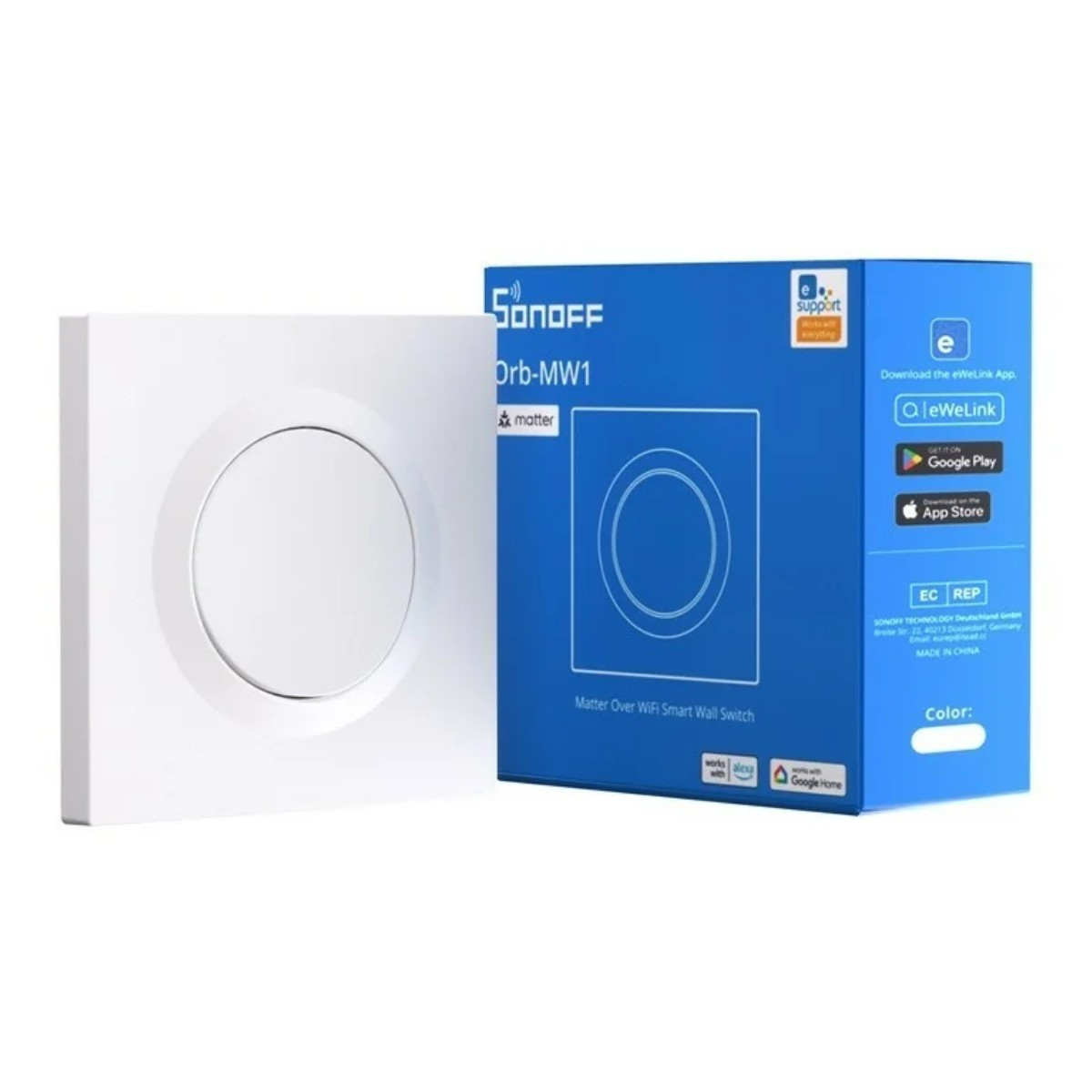 Biały inteligentny przełącznik ścienny Sonoff Orb-MW1 obok niebieskiego opakowania.