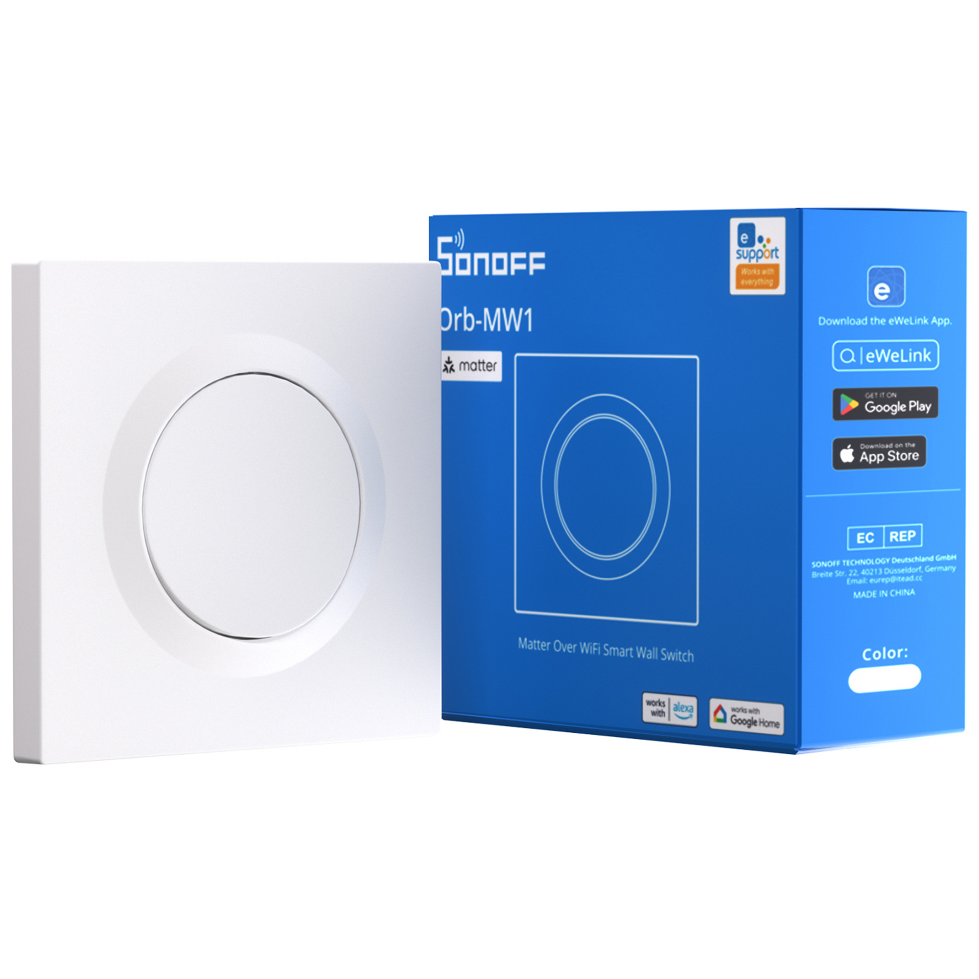 Biały inteligentny przełącznik ścienny i niebieskie pudełko z logo Sonoff i informacjami.