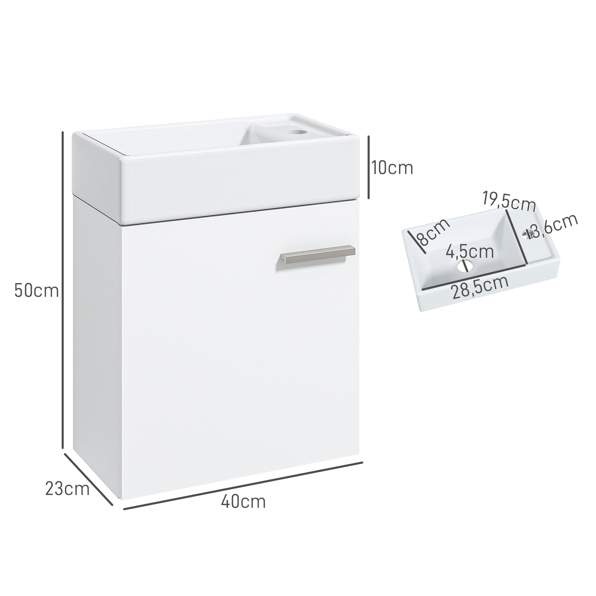 Un mueble de lavabo blanco de 50x40x23cm y un inserto de lavabo separado.