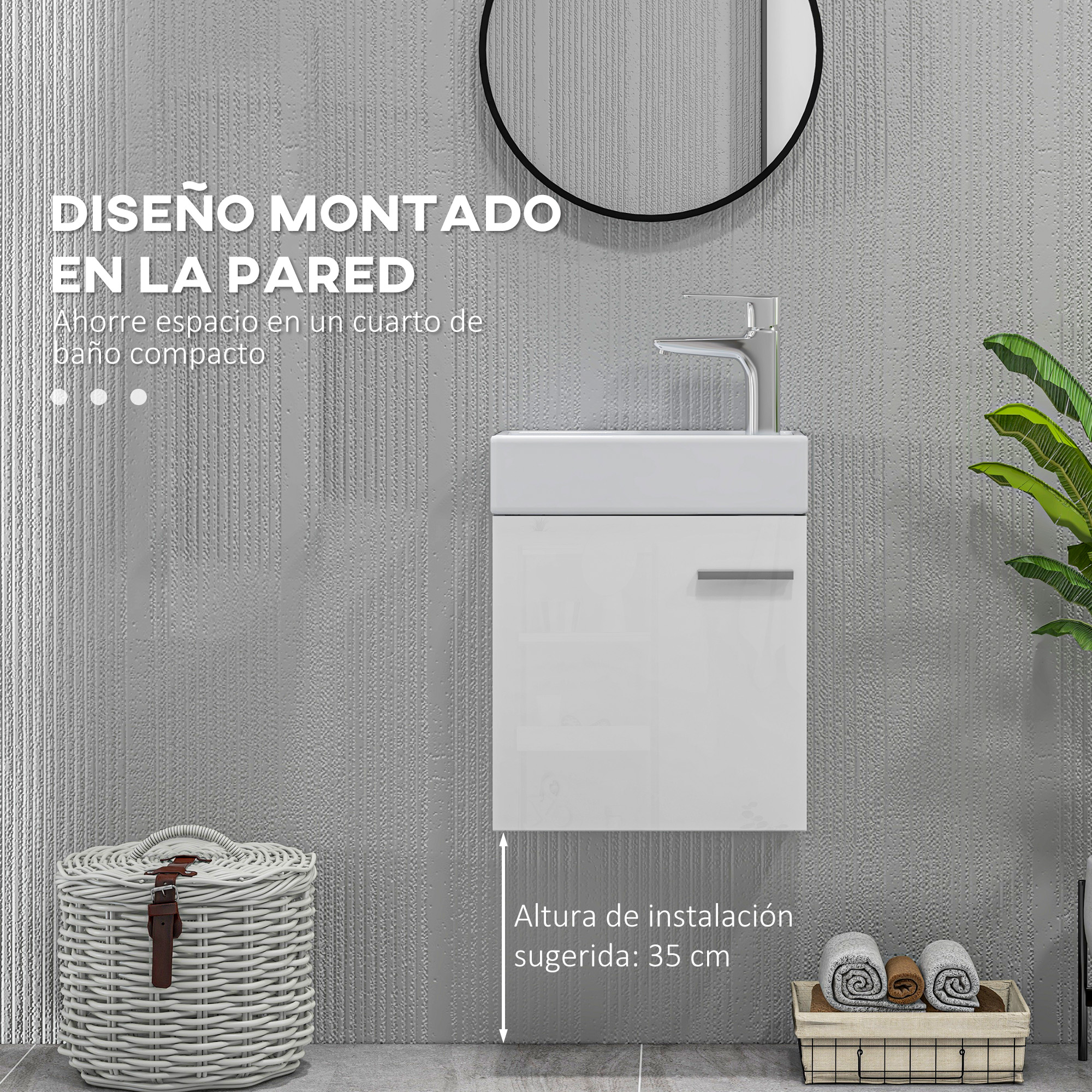 Un lavabo blanco de pared con grifo cromado, espejo y cestas.
