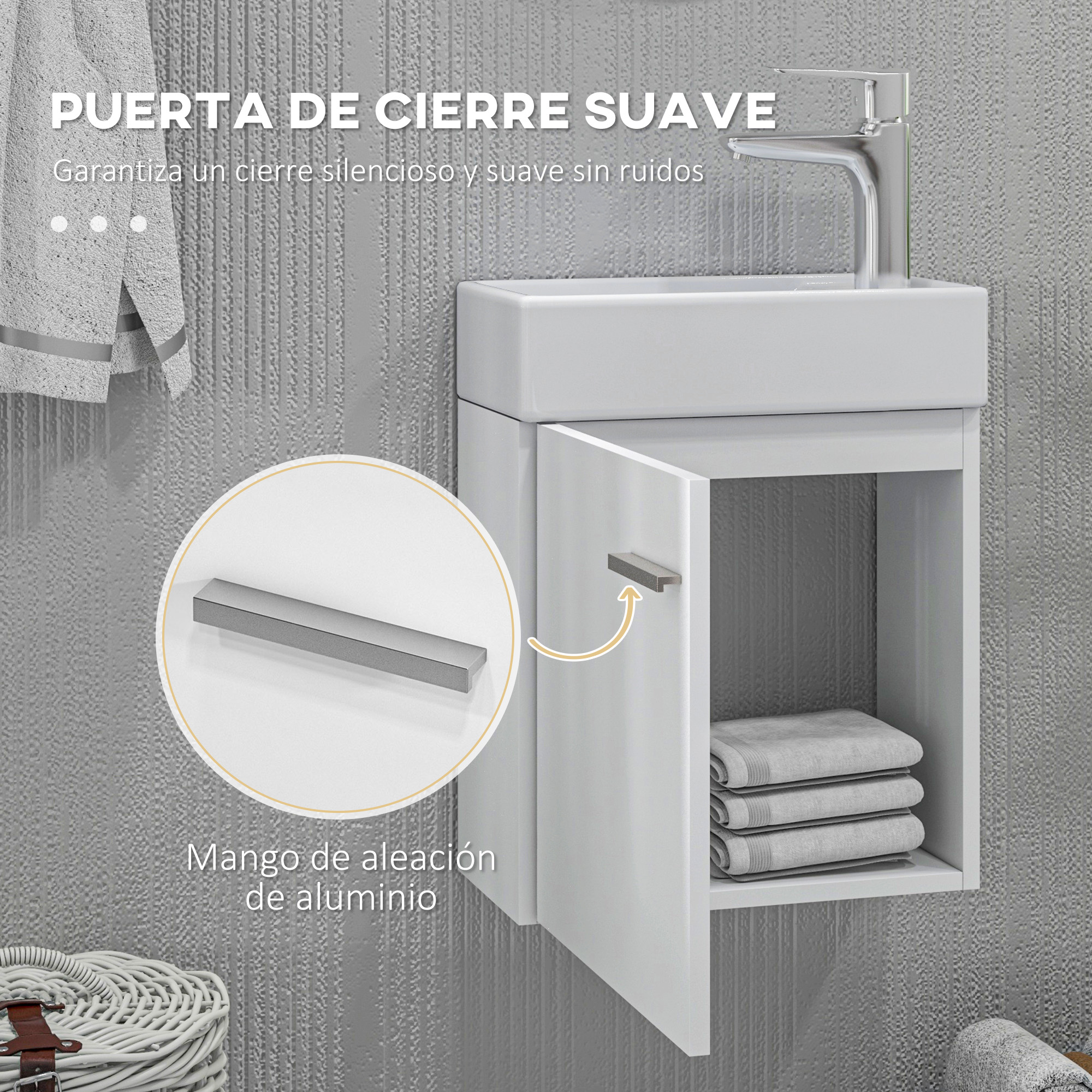 Un mueble de baño blanco con puerta abierta que muestra toallas apiladas. Detalle de pomo.