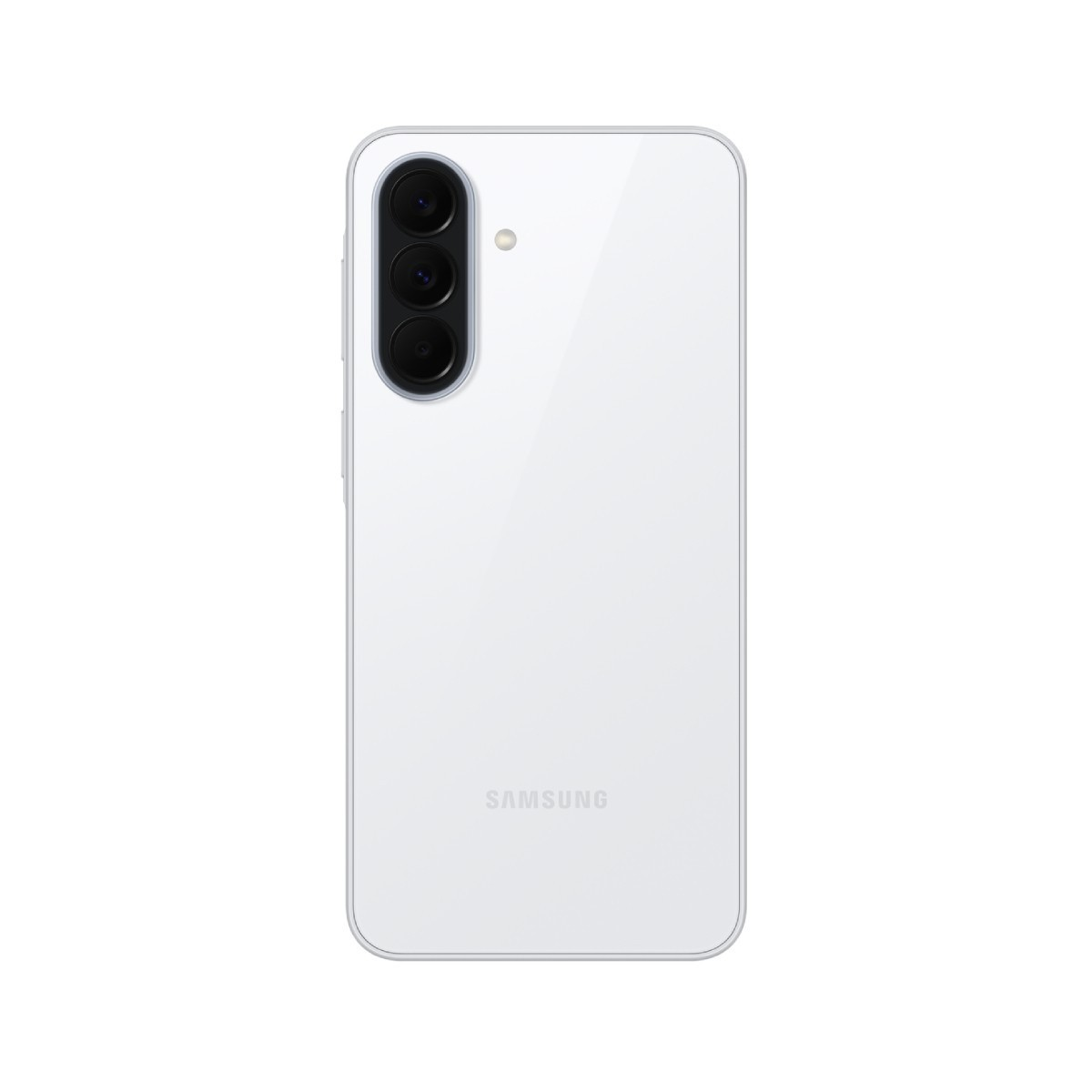Ein weißes Samsung Smartphone mit drei Kameras auf der Rückseite.