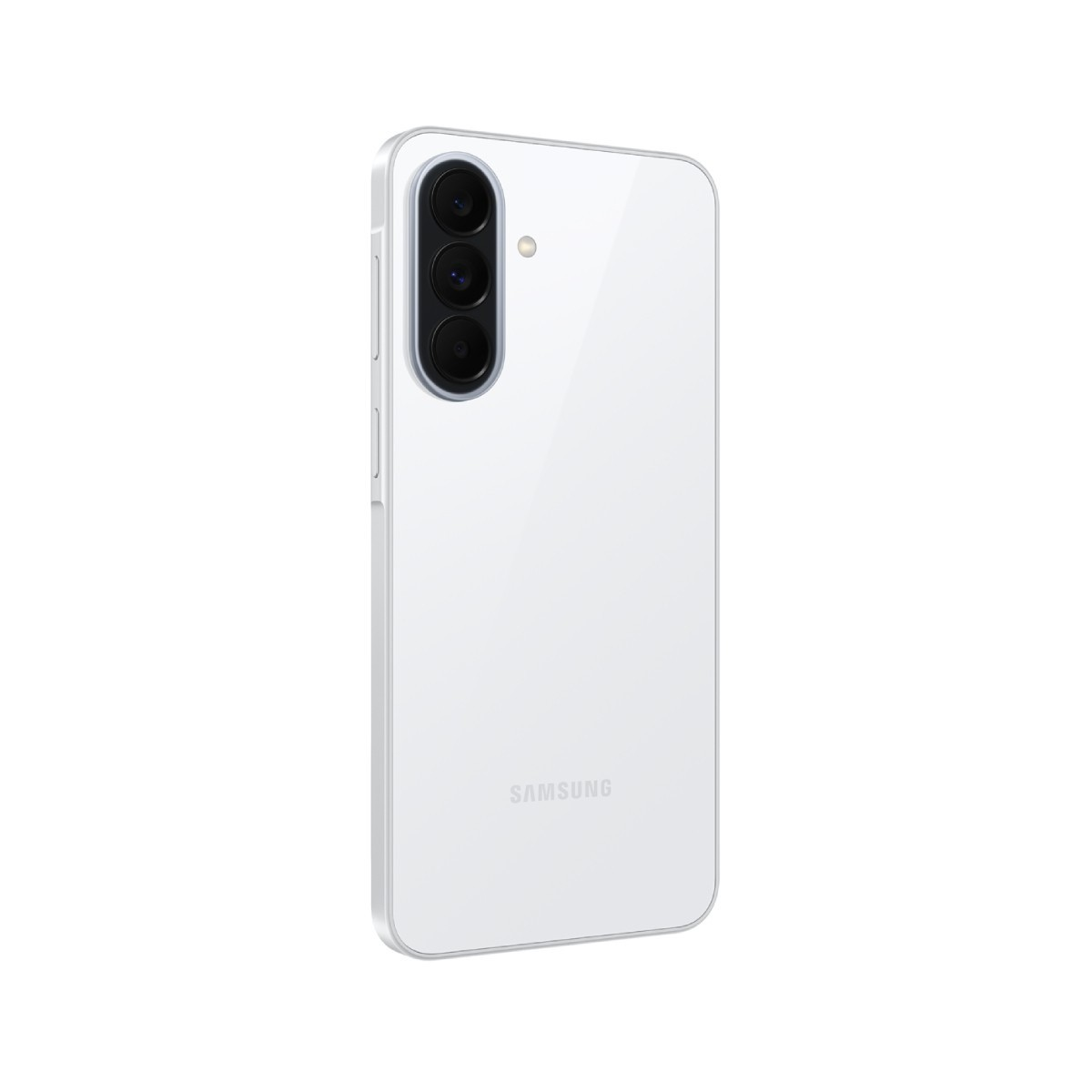 Ein weißes Samsung Smartphone mit drei Kameras auf der Rückseite.
