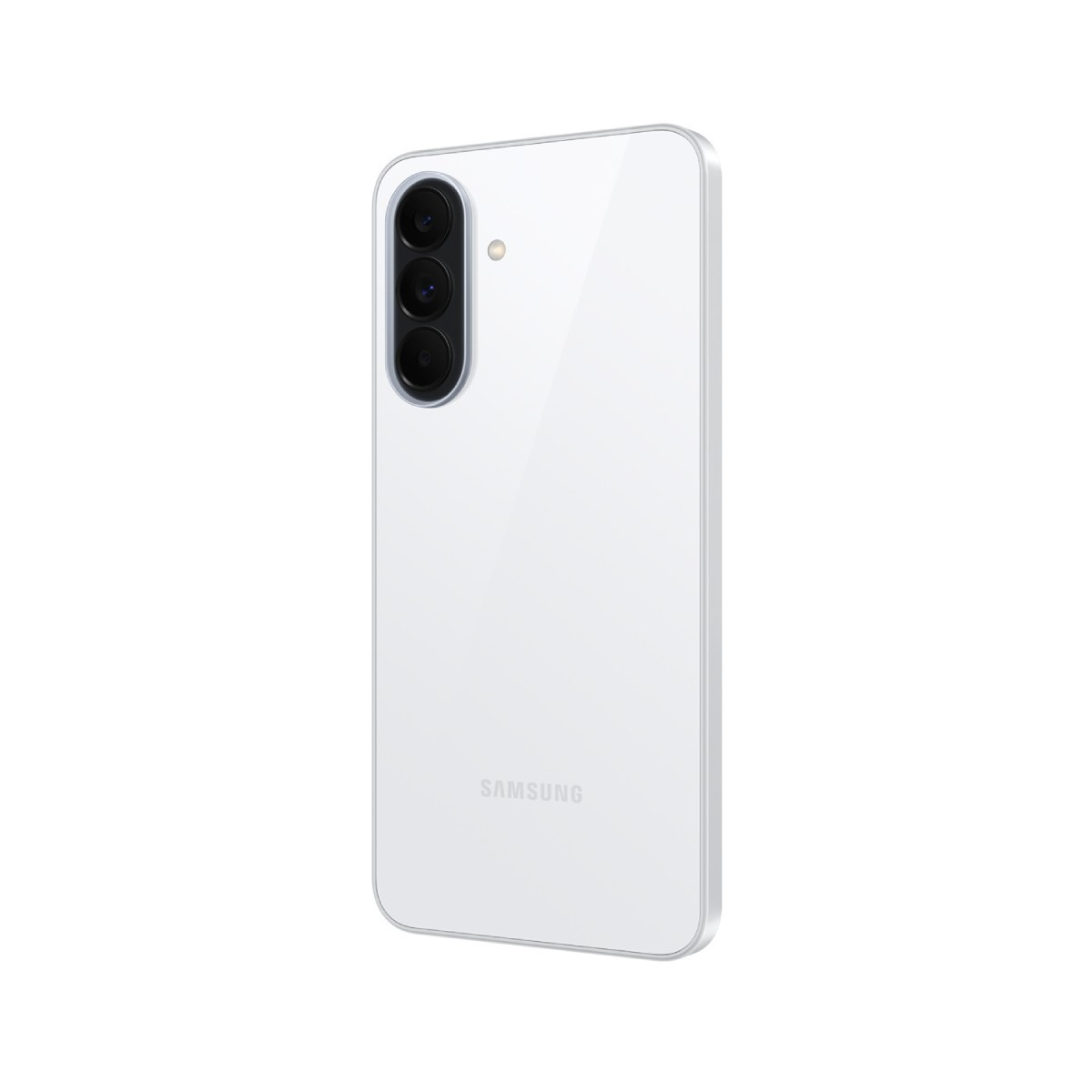 Weies Smartphone mit drei Kameras auf der Rckseite. Samsung-Logo unten.