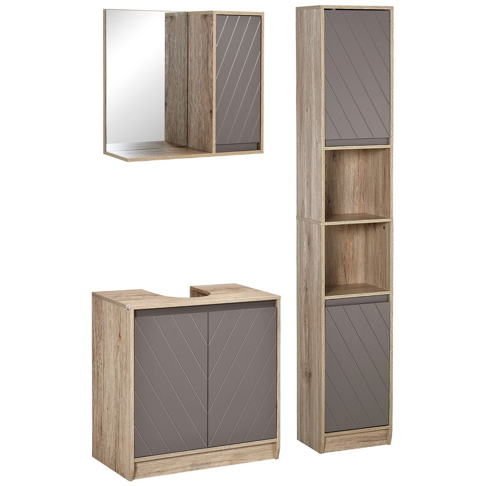 Conjunto de muebles de madera con espejo, mueble de lavabo y armario alto.