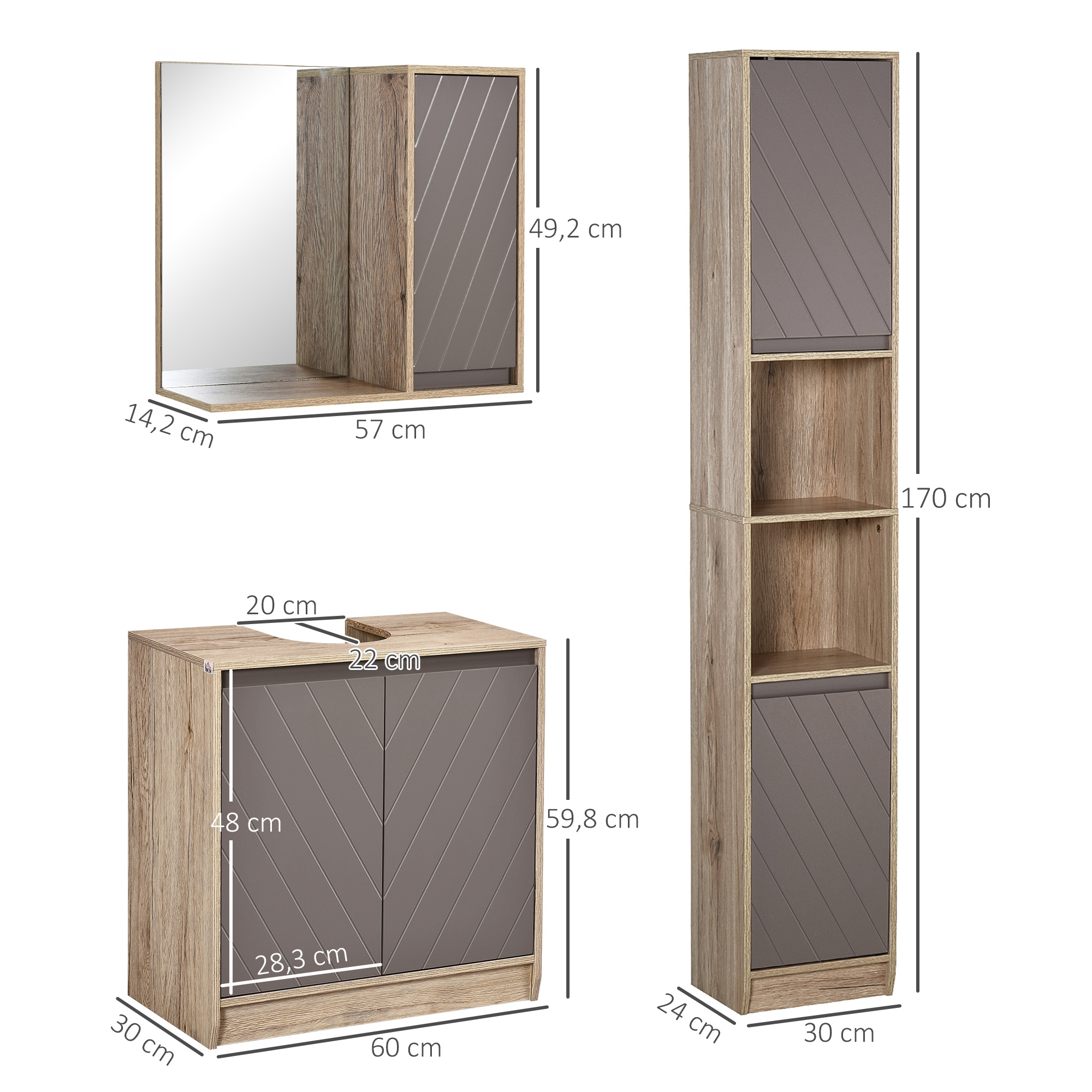 Muebles de baño imitación madera: lavabo, espejo y mueble alto.