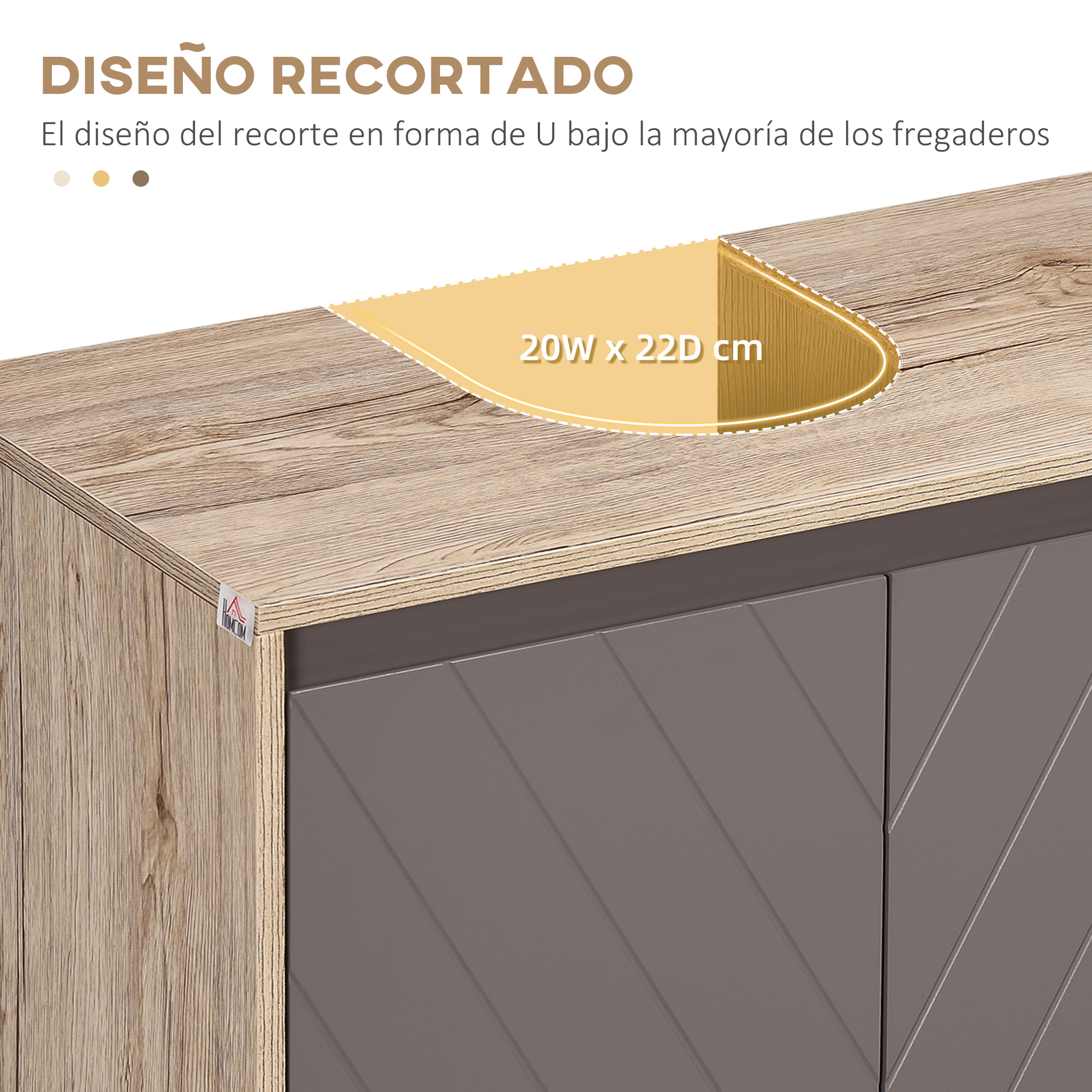 Encimera de veta de madera con recorte en U de 20x22cm.