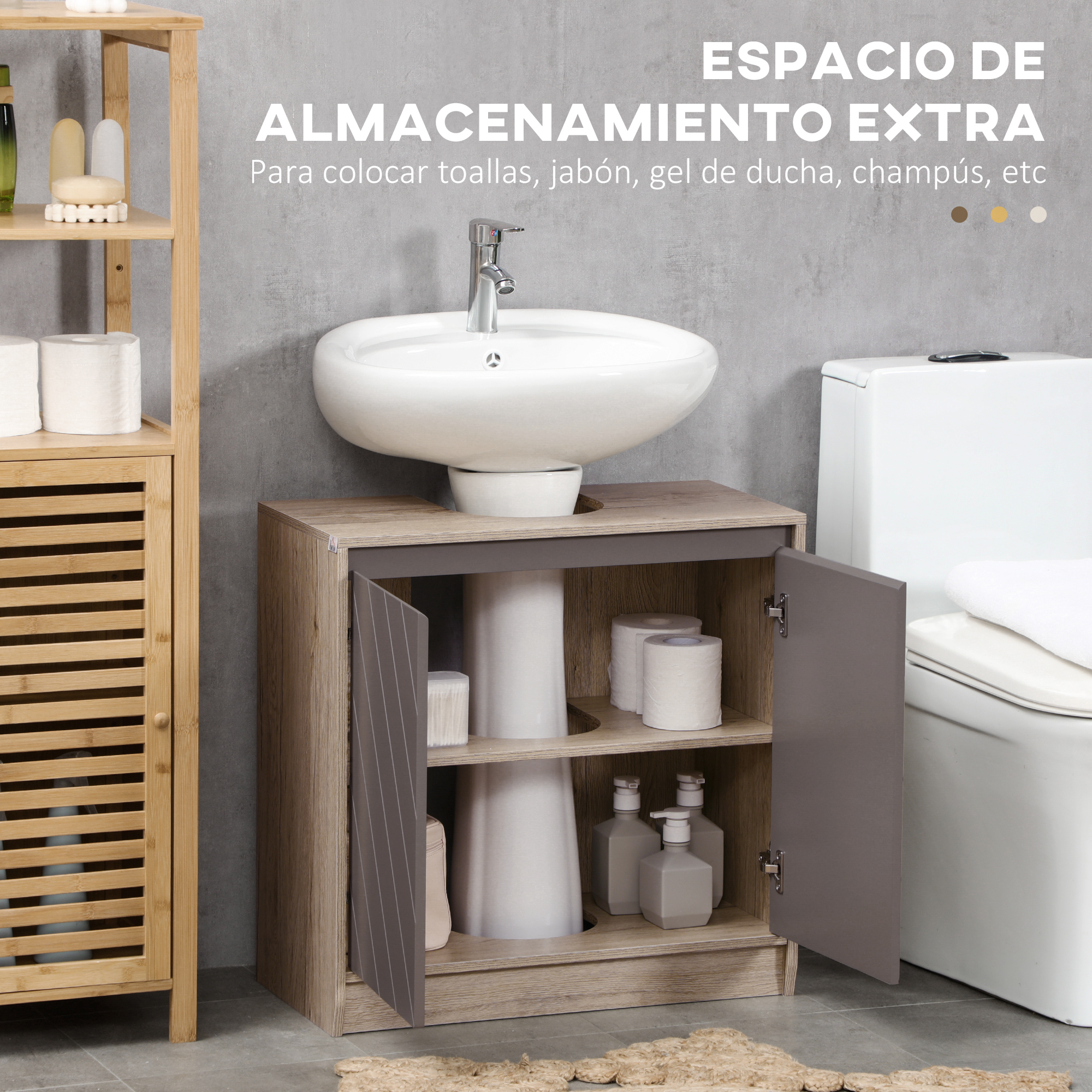 Un mueble de baño con lavabo e inodoro, con papel higiénico y jabón.