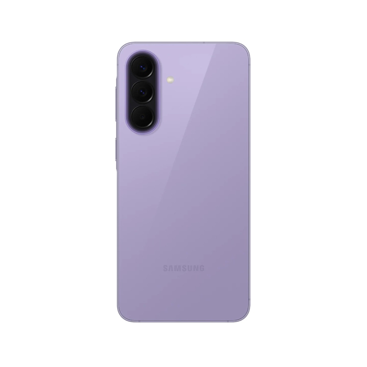 Lila Smartphone mit drei Kameralinsen und Blitz auf der Rückseite.