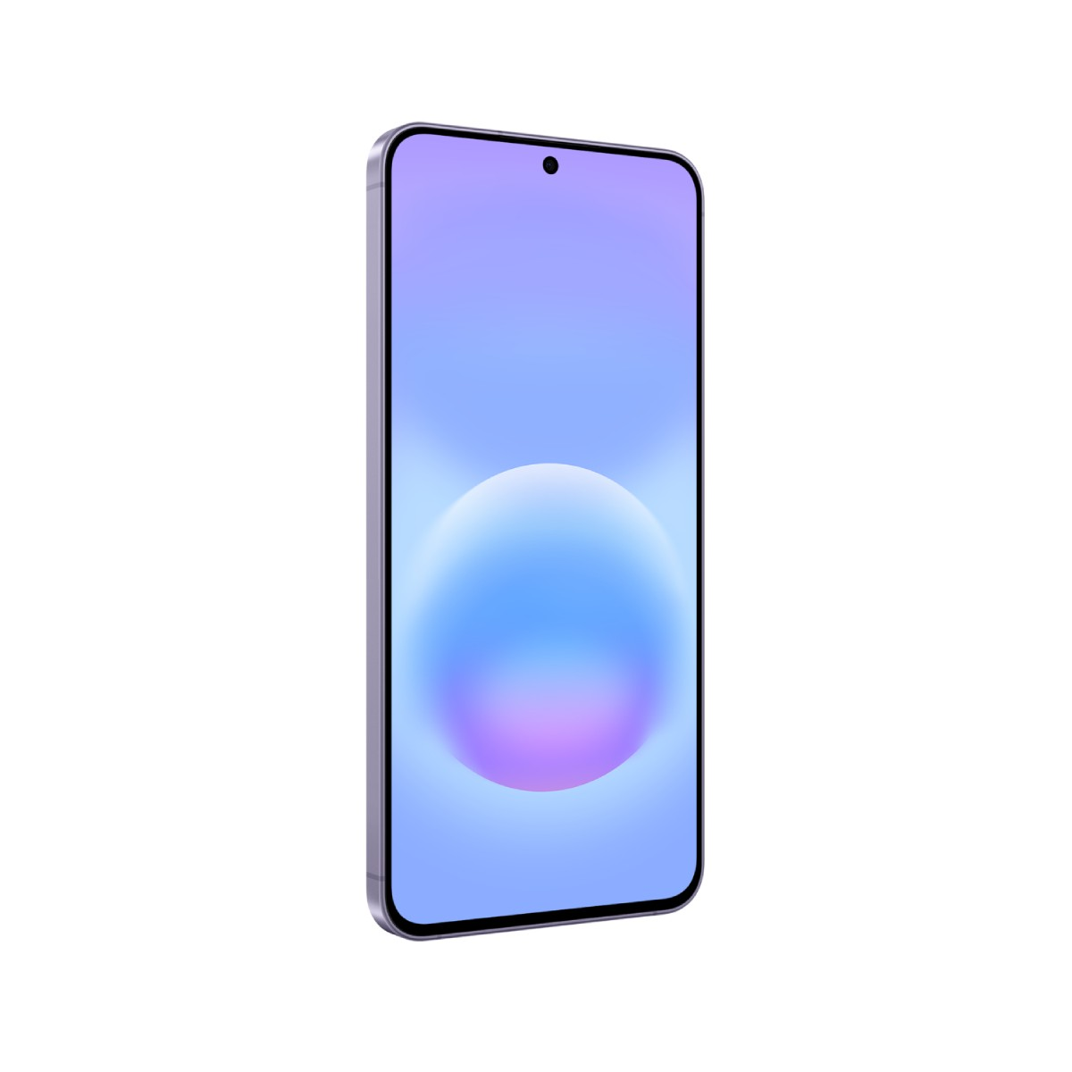 Ein schlankes Smartphone mit einem lilafarbenen Hintergrund und einem blauen Kreis.