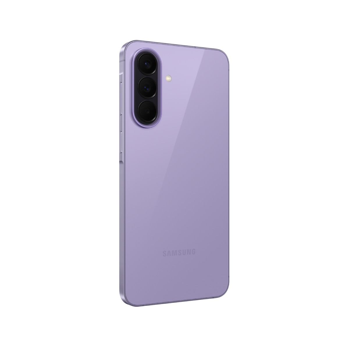 Ein lila Samsung Smartphone mit drei Kameras auf der Rückseite, isoliert.