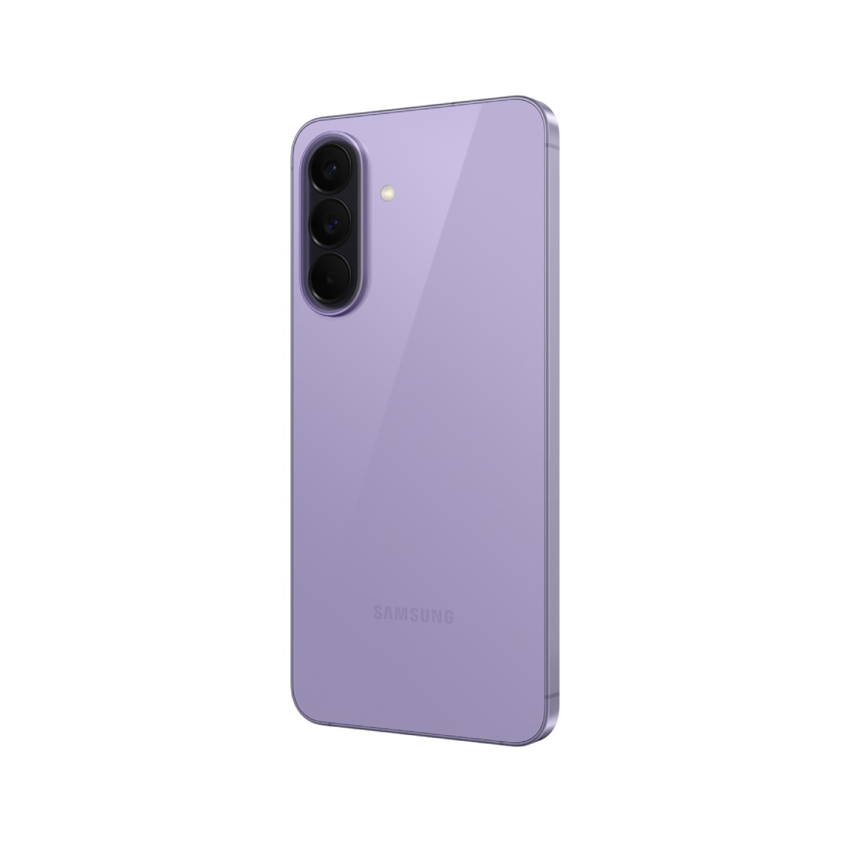 Ein lila Samsung Smartphone mit drei Kameras und Blitzlicht auf der Rückseite.